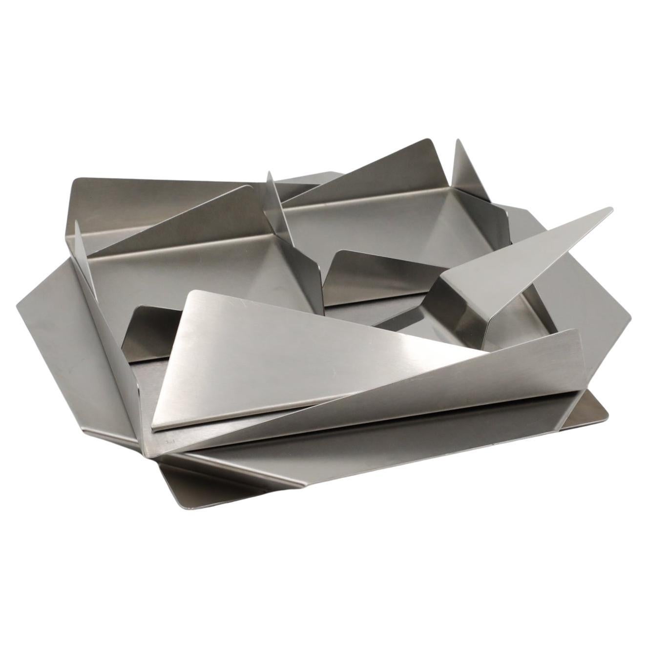 Lino Sabattini Style Folded Brushed Steel Modernist Serving Set, 1970s For Sale