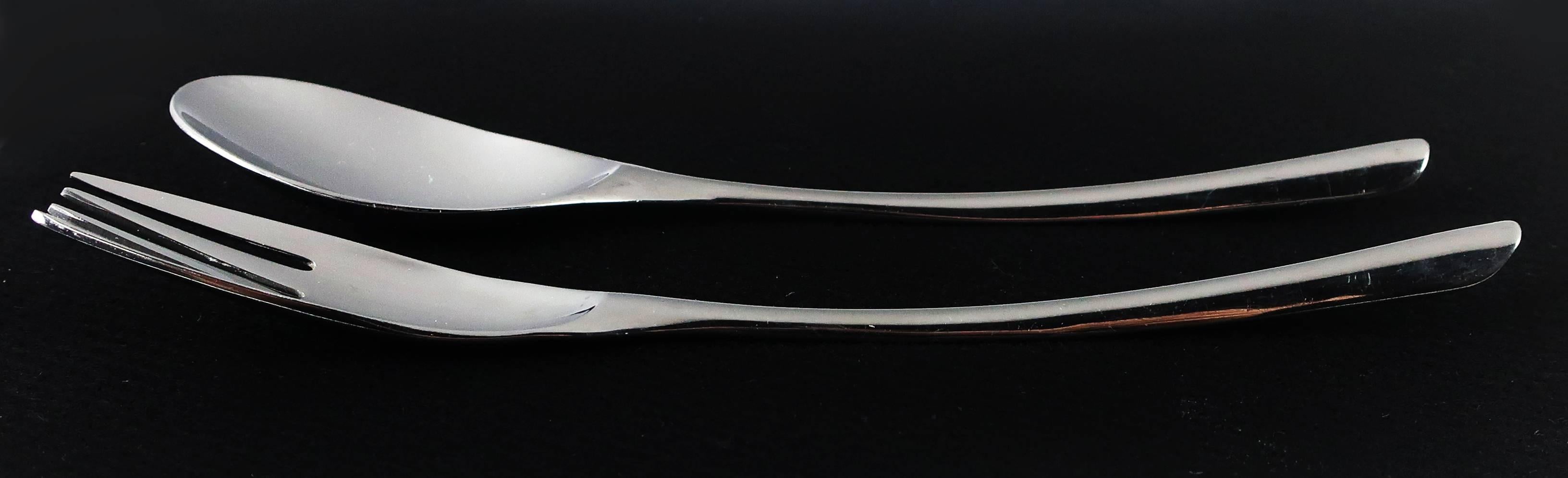 A stunning stainless flatware set from Boda Nova with a great Mid-Century Modern shape and style. The Stockholm pattern was discontinued in 1997 and is hard to find, especially in such a large complete set. This service for 10 includes salad and