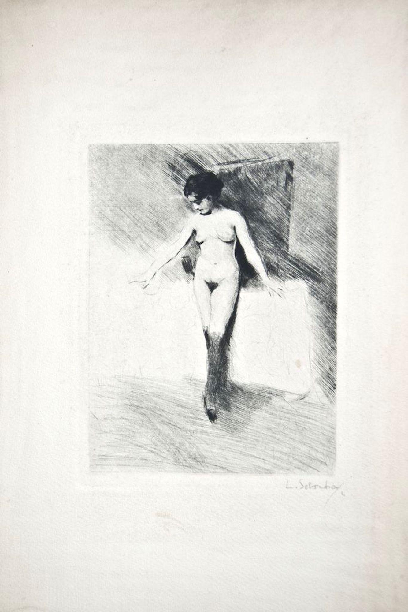 The Little Model - Original Drypoint by Lino Selvatico - 1910