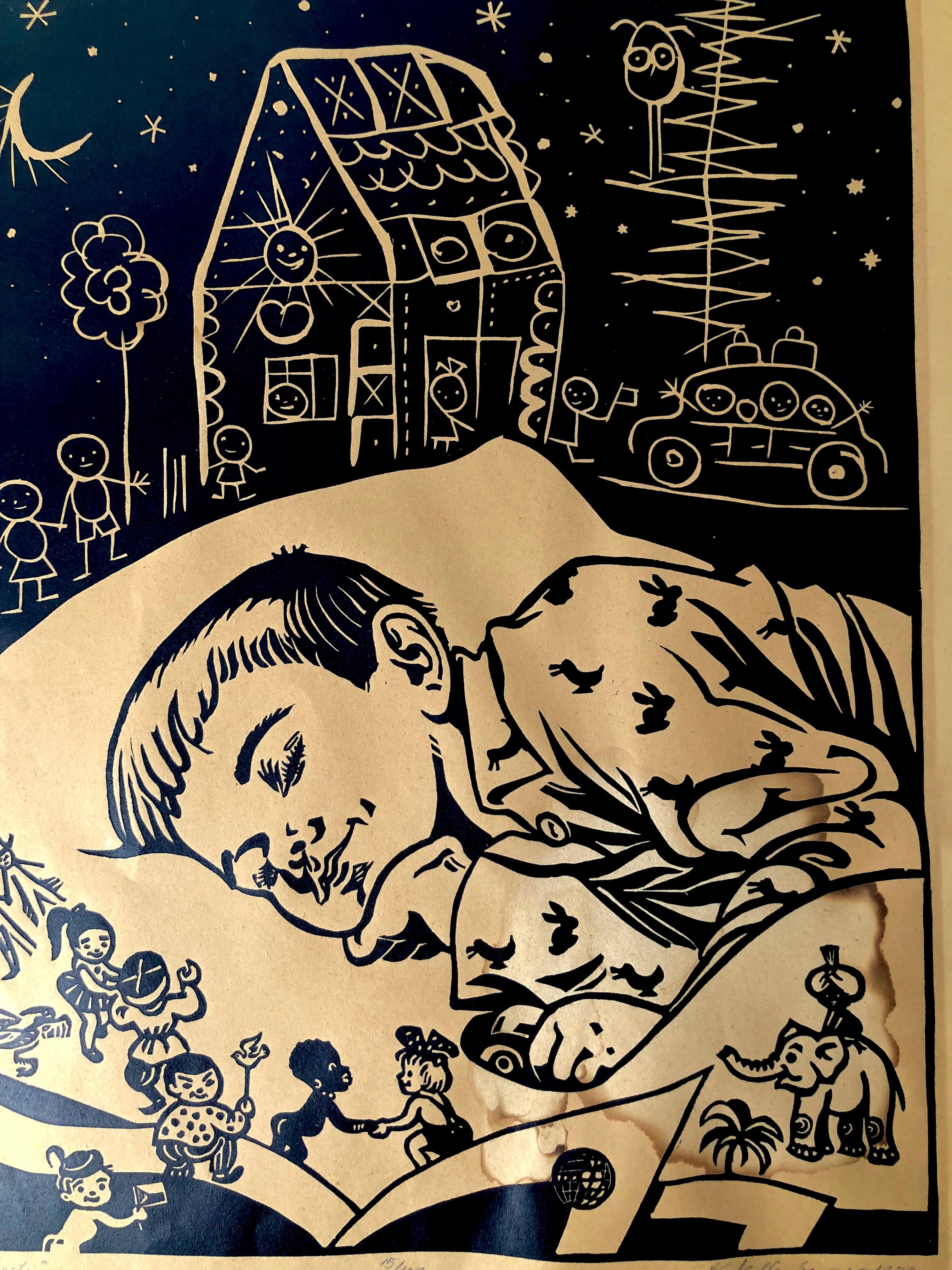 Dreaming boy, depicted in a linoleum cut, the subject is 