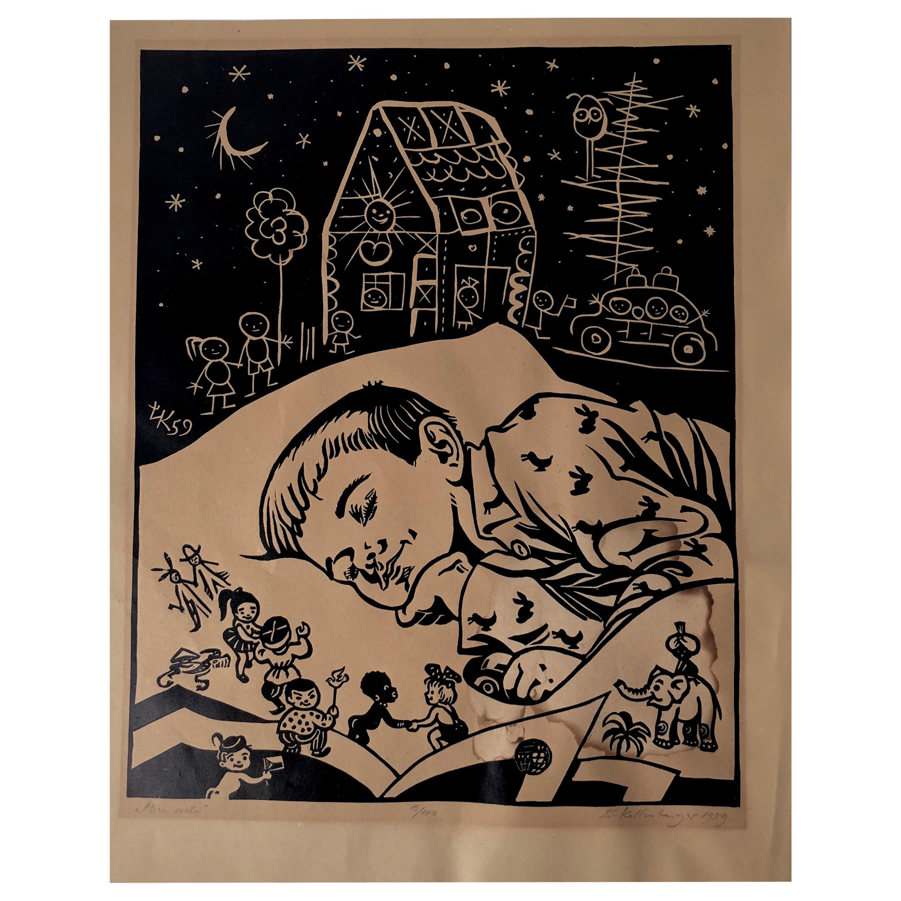 Linocut from Lubomir Kellenberger, 1959 Slovakia For Sale