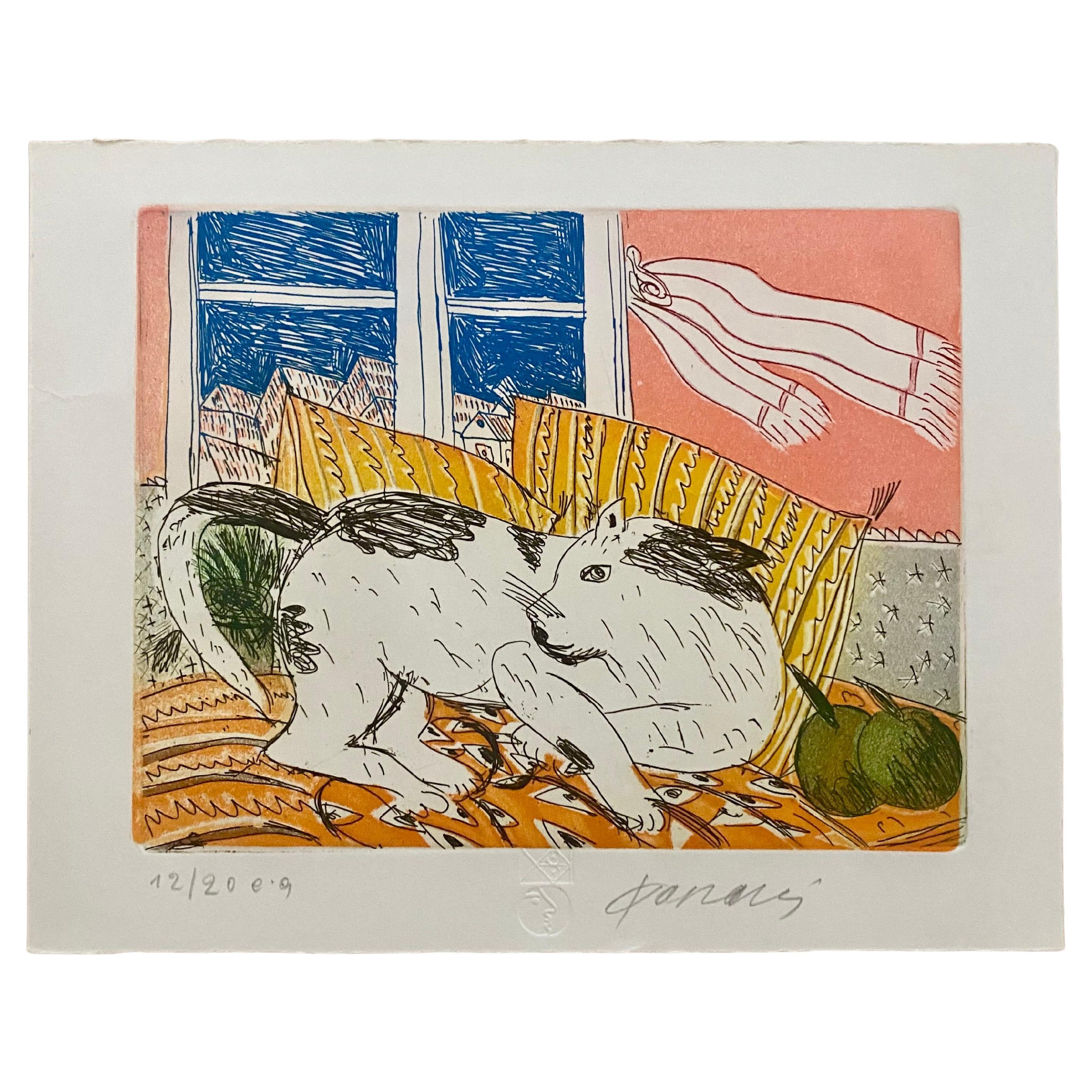 Litografía Linograbada "El Gato" de Alekos Fassianos, Serigrafía de Arte, década de 1990.