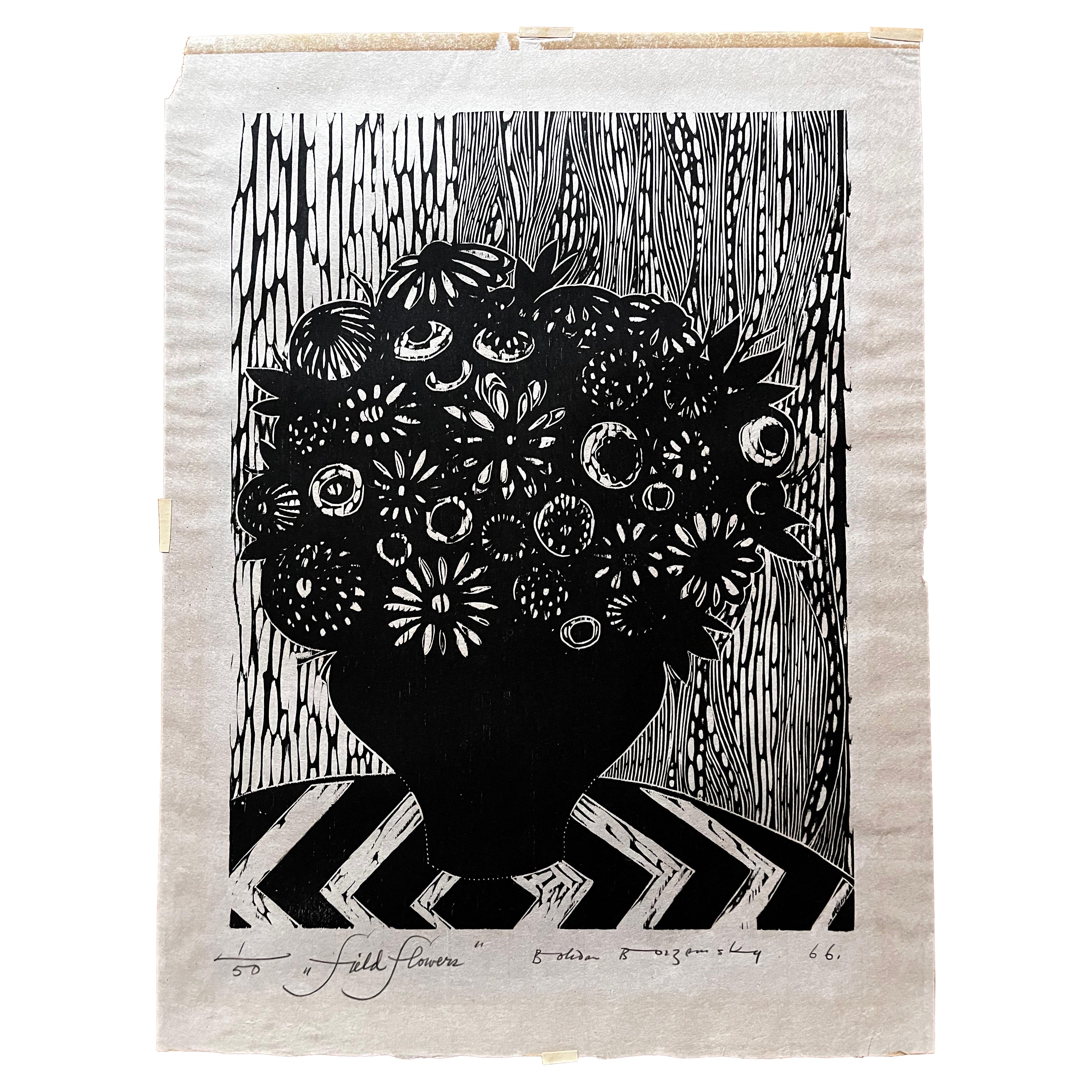 Linoldruck "Feldblumen" von B. Olson B. Rogansky, "1/50", 1966 im Angebot