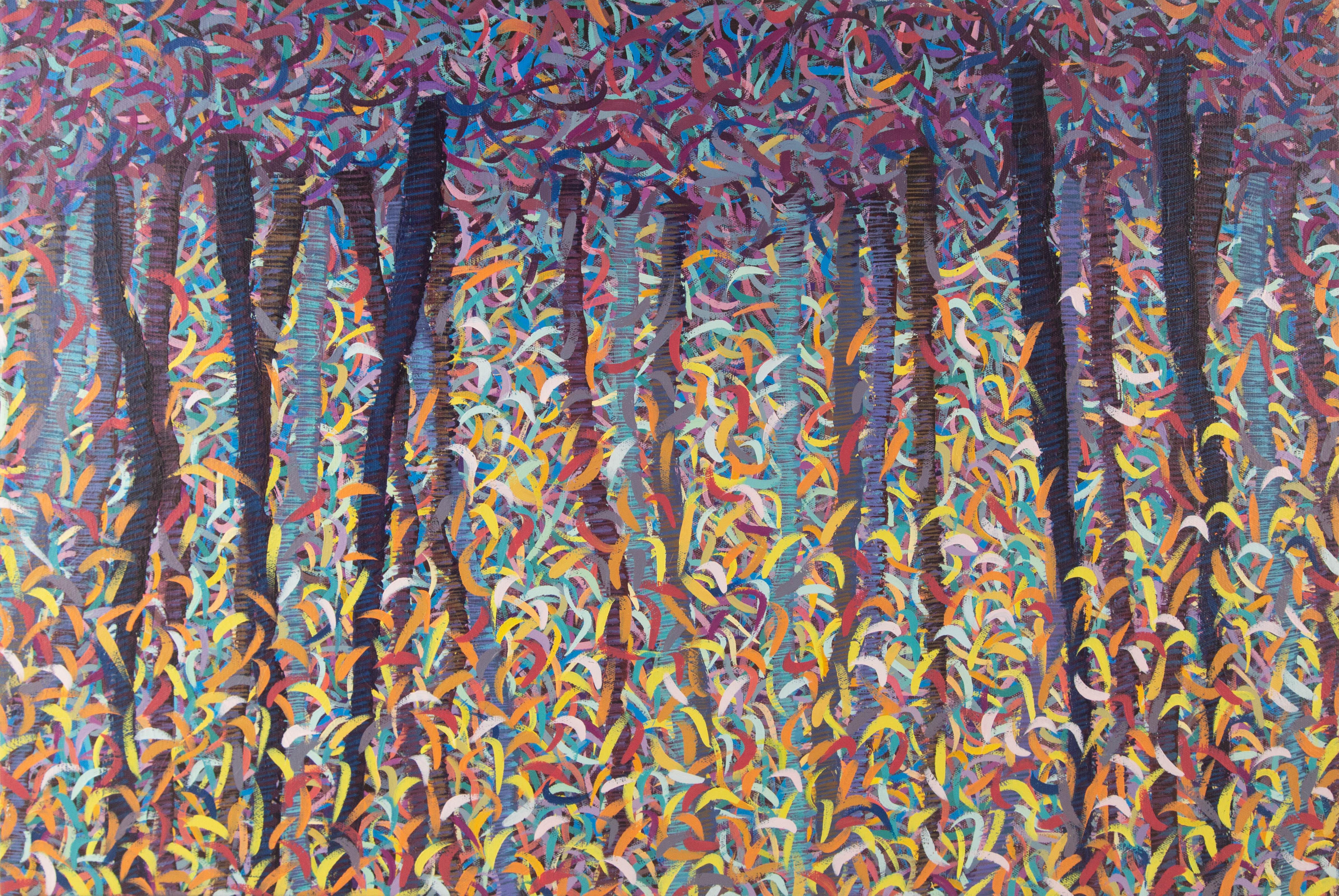  Title: Forest VII
 Medium: Oil on canvas
 Size: 23.5 x 35 inches
 Frame: Framing options available!
 Condition: The painting appears to be in fair condition.
 
 Year: 2000 Circa
 Artist: Linqi Shang
 Signature: Signed
 Signature Location: Top