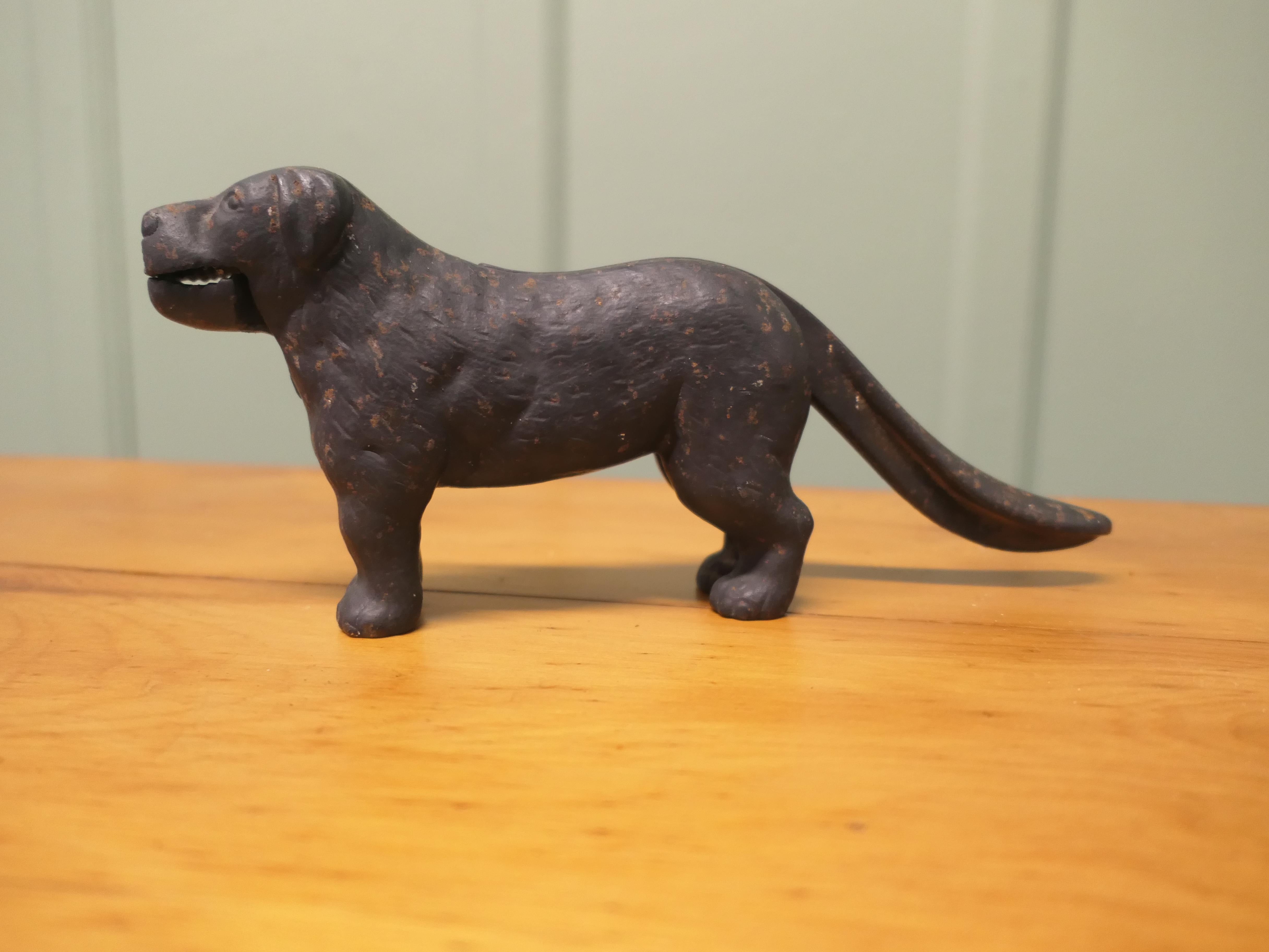 Linton Nutcracker in the Shape of a Dog

The Nutcracker in the shape of a dog, the dog’s tail is the lever to open its jaws to crack the nuts. 
The tail leaver is marked with a registration mark, the nut cracker is in good used condition he is 5”