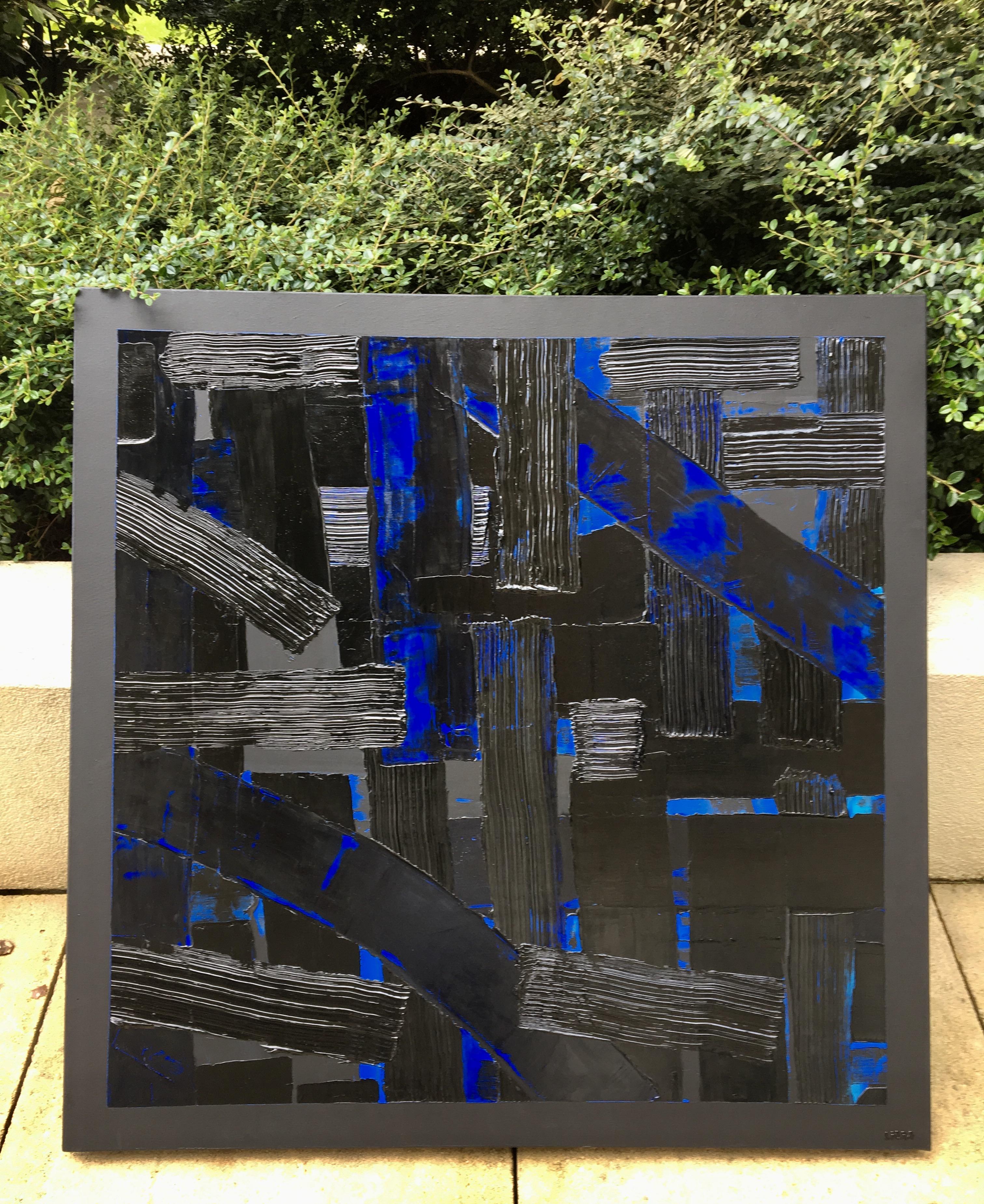 Abstract Painting on canvas with heavy texture. 
Acrylic and varnish for protection.
Colours: Black and Blue.
This painting is called L'Intrus 9 and numbered 168.
Original and signed by the artist, comes with gallery certificate.
       
