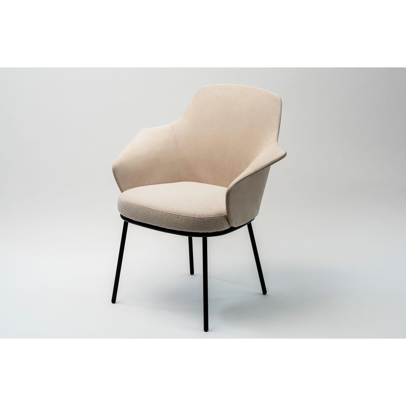 Linus armchair by MarCo Dessí
Materials: Upholstery: Fabric
Structure: Metal: Black powder-coated metal, black chrome metal
 Also available in Wood: Noce Canaletto solid wood, coral/dark green/black stained wood.
Dimensions: W 71.9 x D 60.2 x H