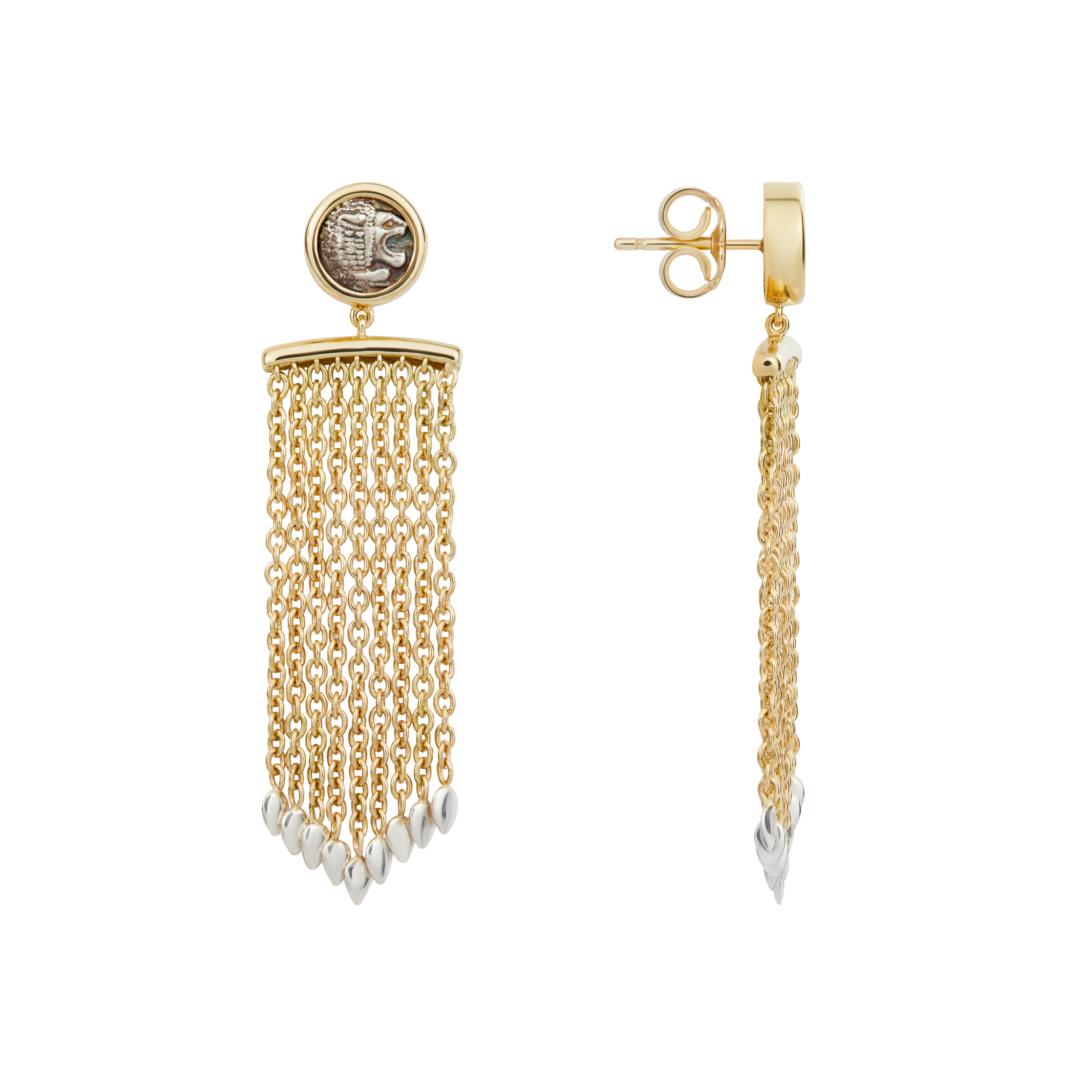 These DUBINI coin earrings from the 'Empires' collection feature authentic silver coins minted late 6th century B.C. set in 18K yellow gold with sterling silver embellishments.

DEPICTED ON COIN

Obverse: Head of lion facing left.
Reverse: Floral