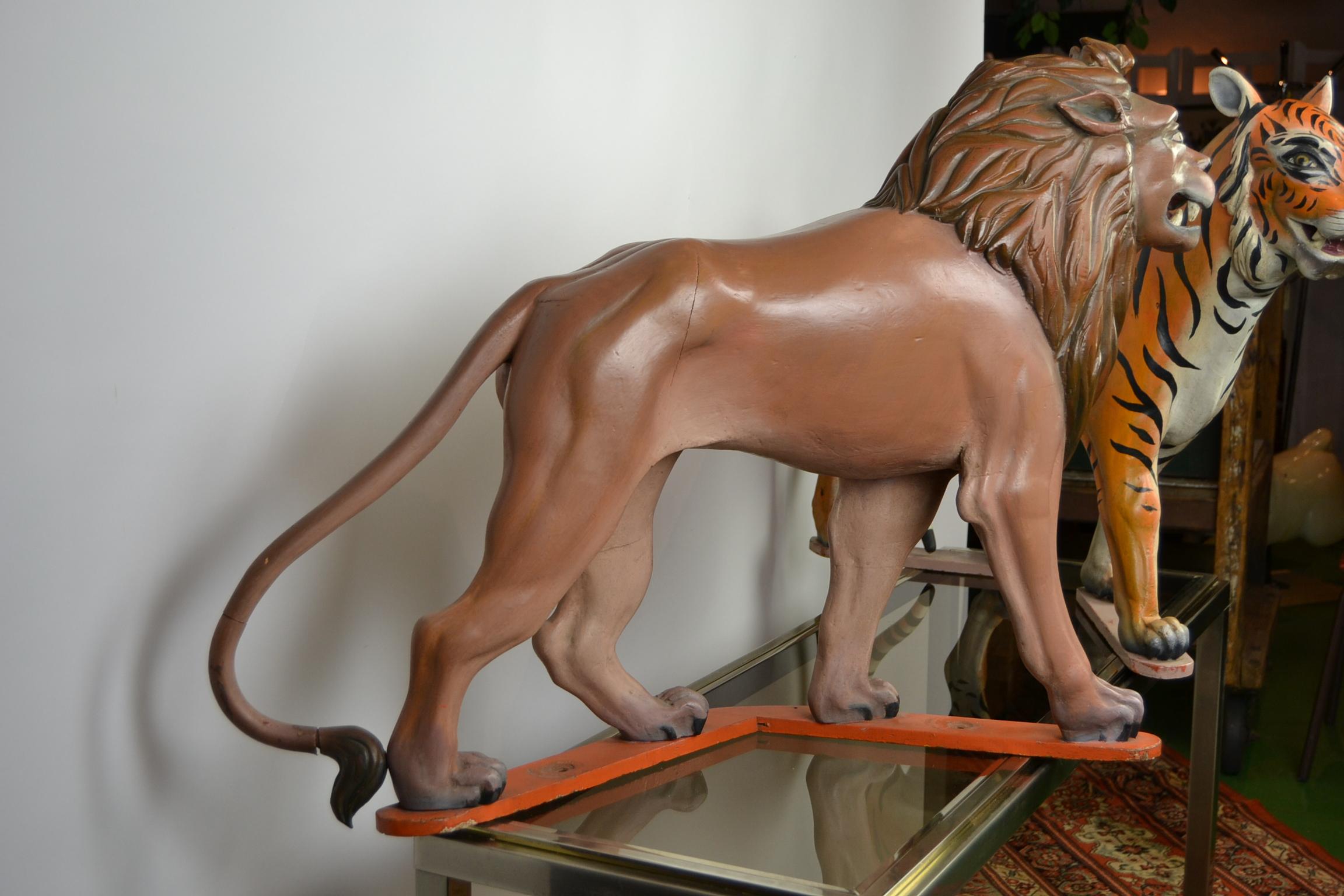 Lion and Tiger Sculptures from Carousel, Wood, Europe, Mid-20th Century 2