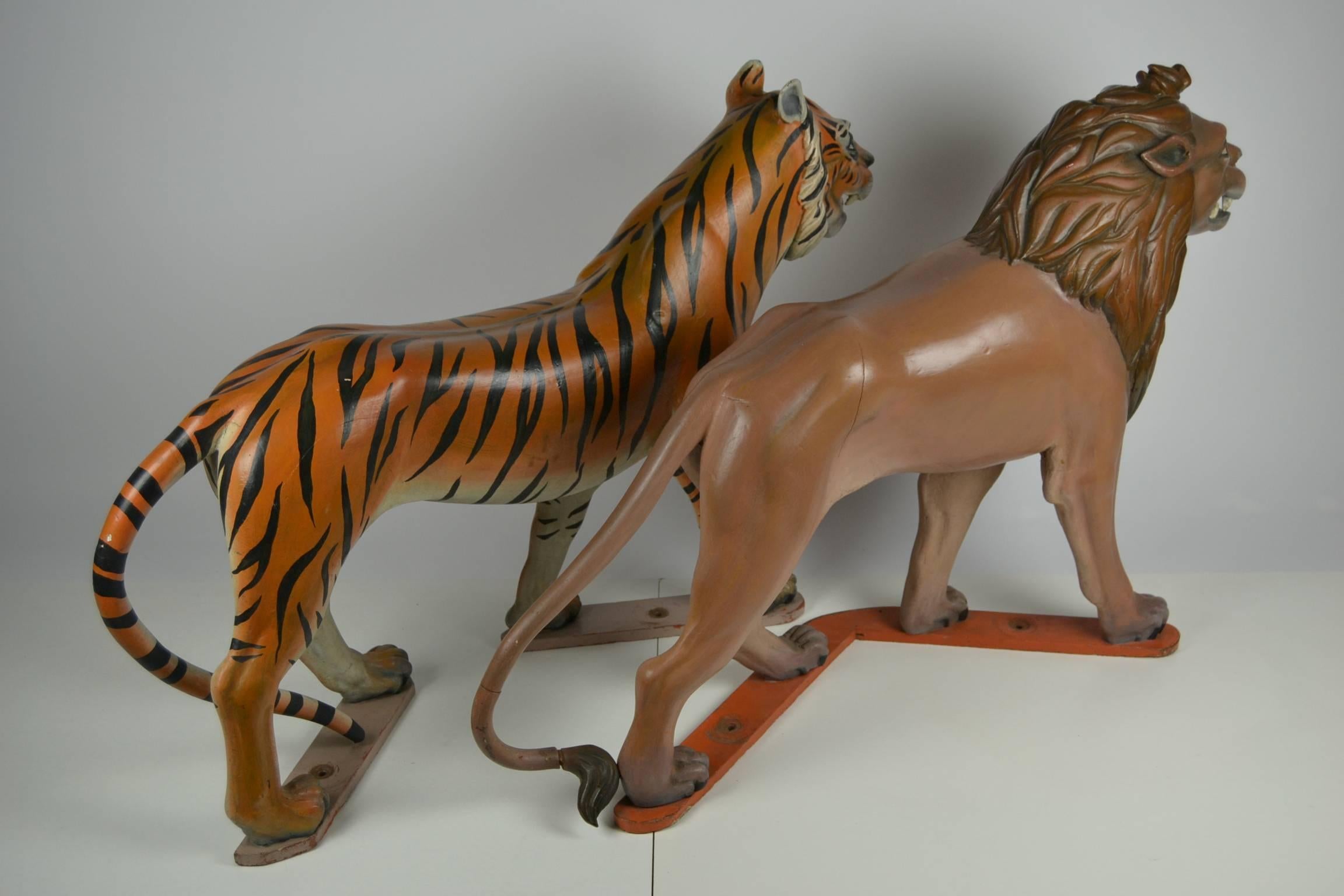 Lion and Tiger Sculptures from Carousel, Wood, Europe, Mid-20th Century 11