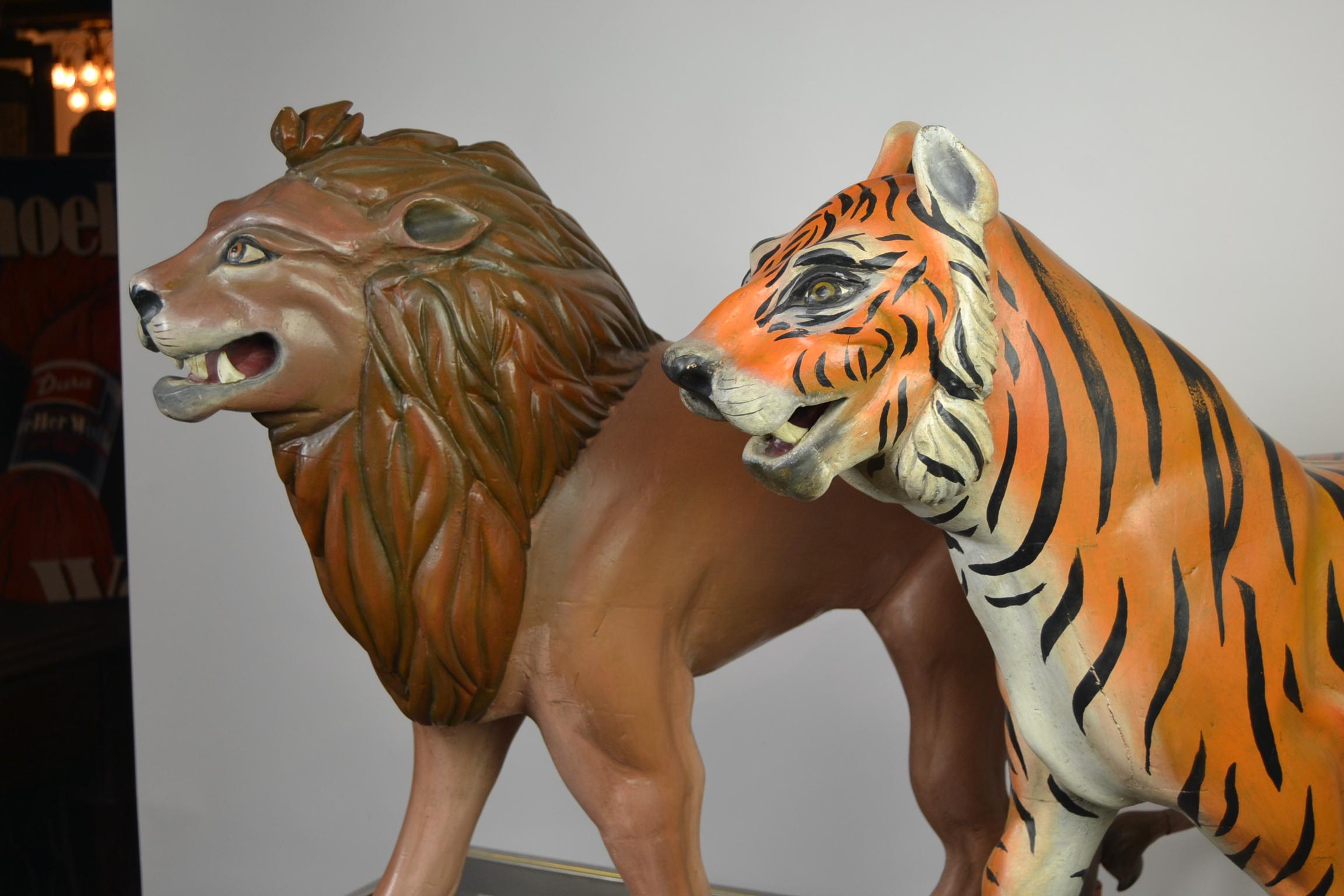 French Lion and Tiger Sculptures from Carousel, Wood, Europe, Mid-20th Century
