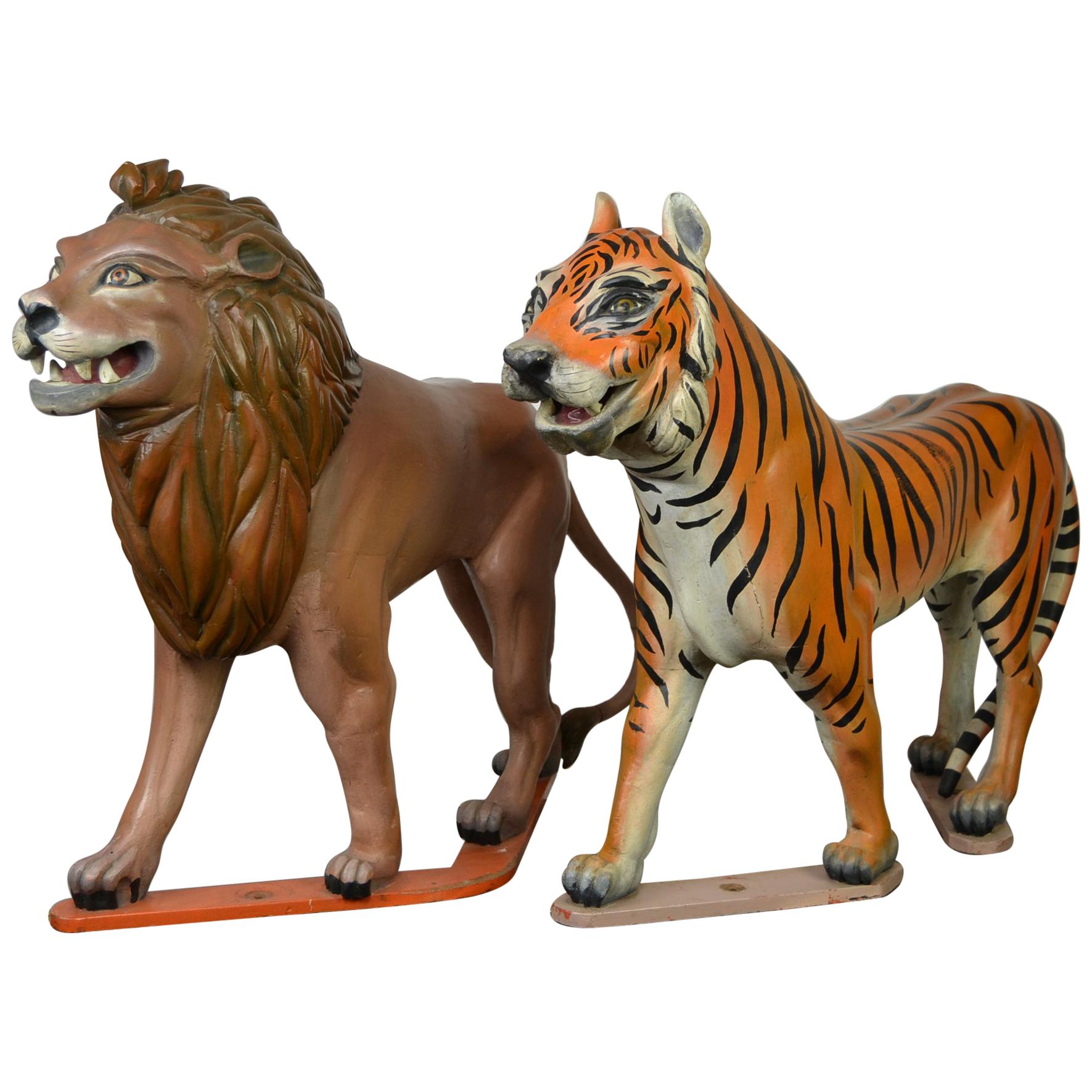 Lion and Tiger Sculptures from Carousel, Wood, Europe, Mid-20th Century
