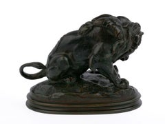 "Lion au Serpent No. 3” French Bronze Sculpture by Barye & Delafontaine