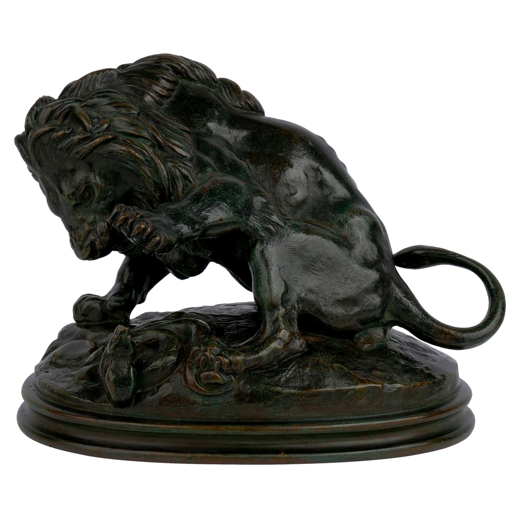 "Lion au Serpent No. 3” French Bronze Sculpture by Barye & Delafontaine