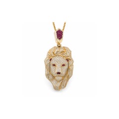 Lion Bespoke 5 Carat Diamond Red Ruby Statement Head 14Kt Gold Pendant Necklace