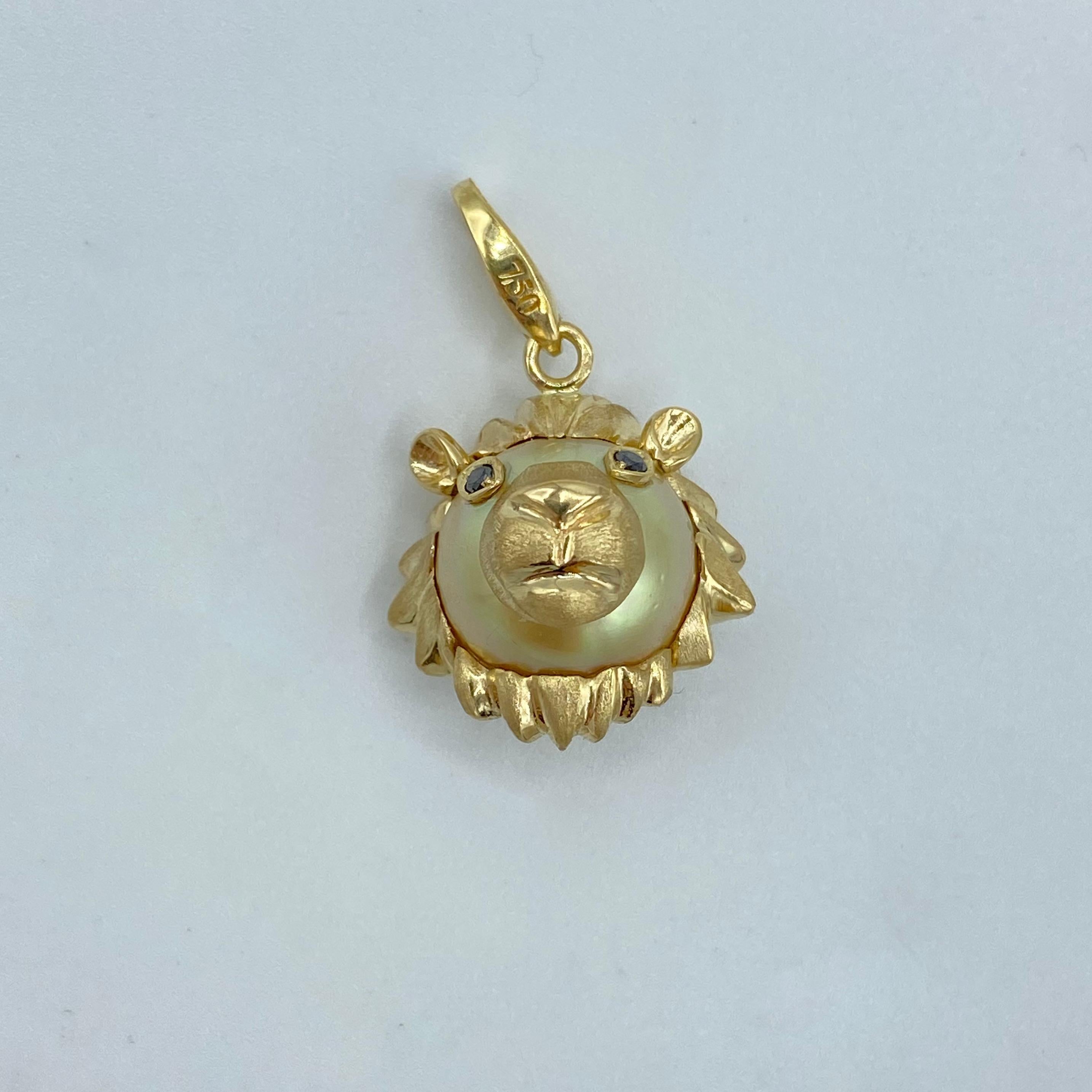 Lion Black Diamond Australian Gold Pearl 18 Karat Gold Pendant Necklace or Charm 4