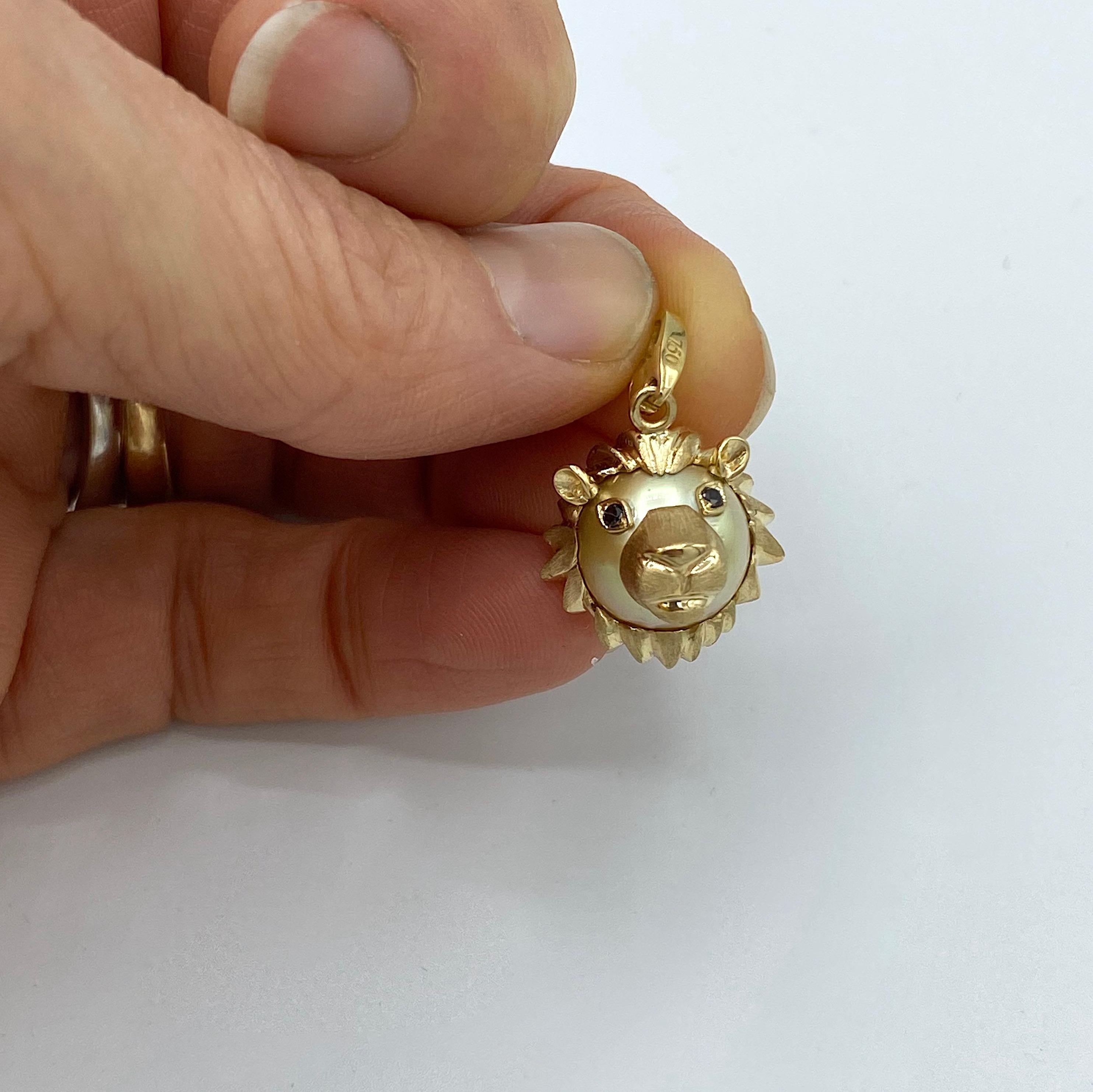 Lion Black Diamond Australian Gold Pearl 18 Karat Gold Pendant Necklace or Charm 6