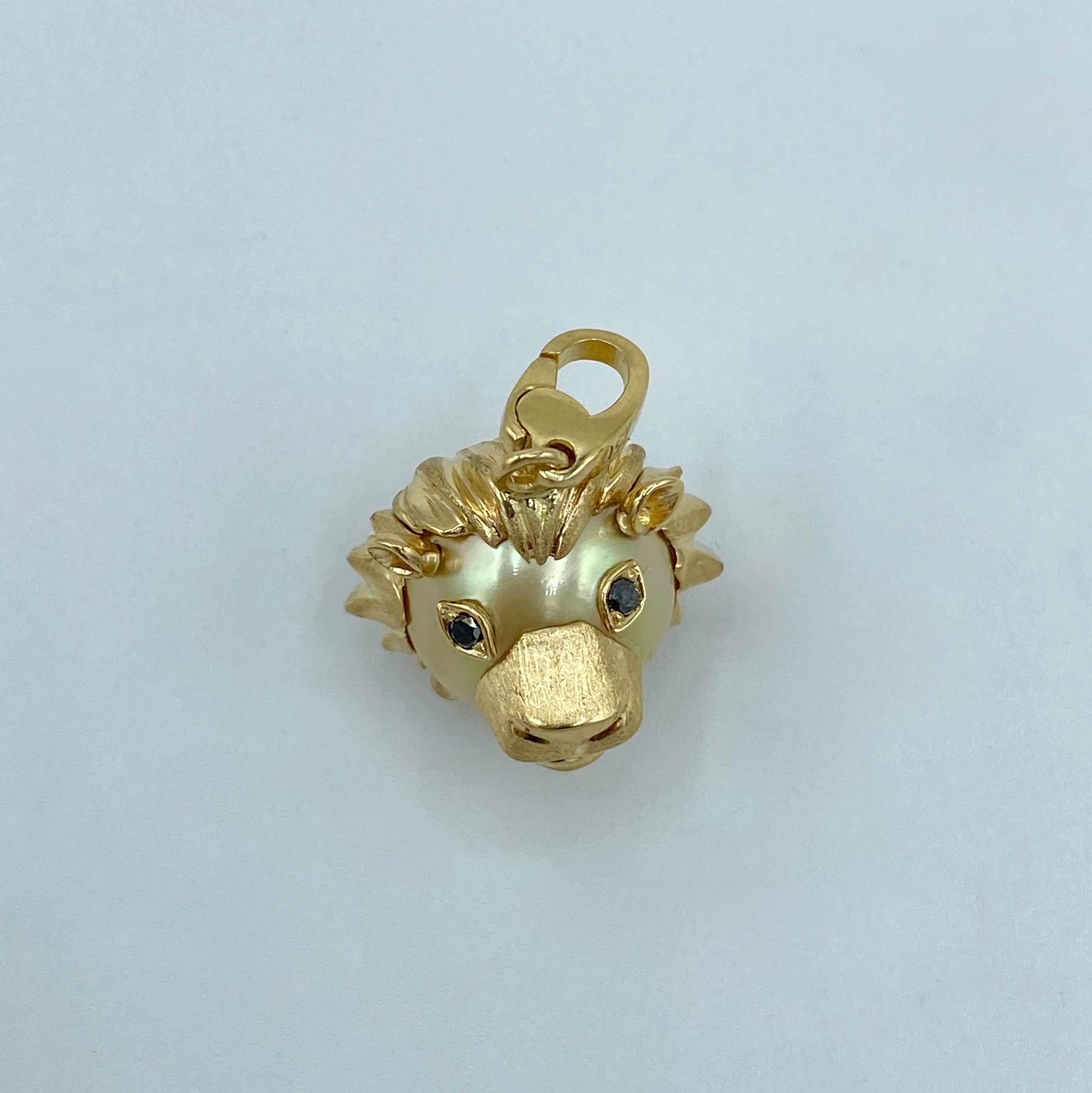 Artisan Lion Black Diamond Australian Gold Pearl 18 Karat Gold Pendant Necklace or Charm