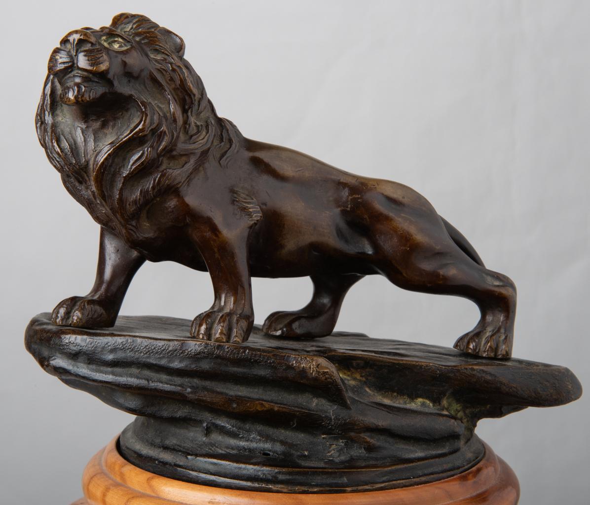 French Lion Bronze Sculpture on Wood Base For Sale