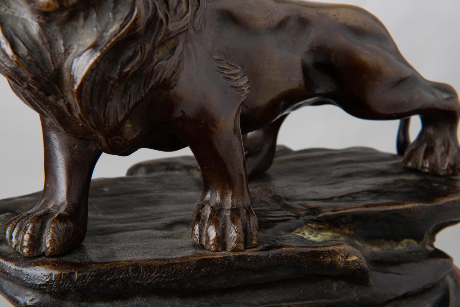 Burnished Lion Bronze Sculpture on Wood Base For Sale