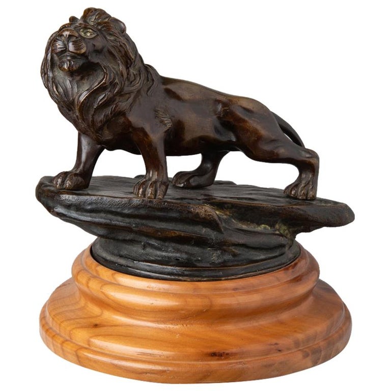 Lion Bronze Sculpture on Wood Base For Sale at 1stDibs