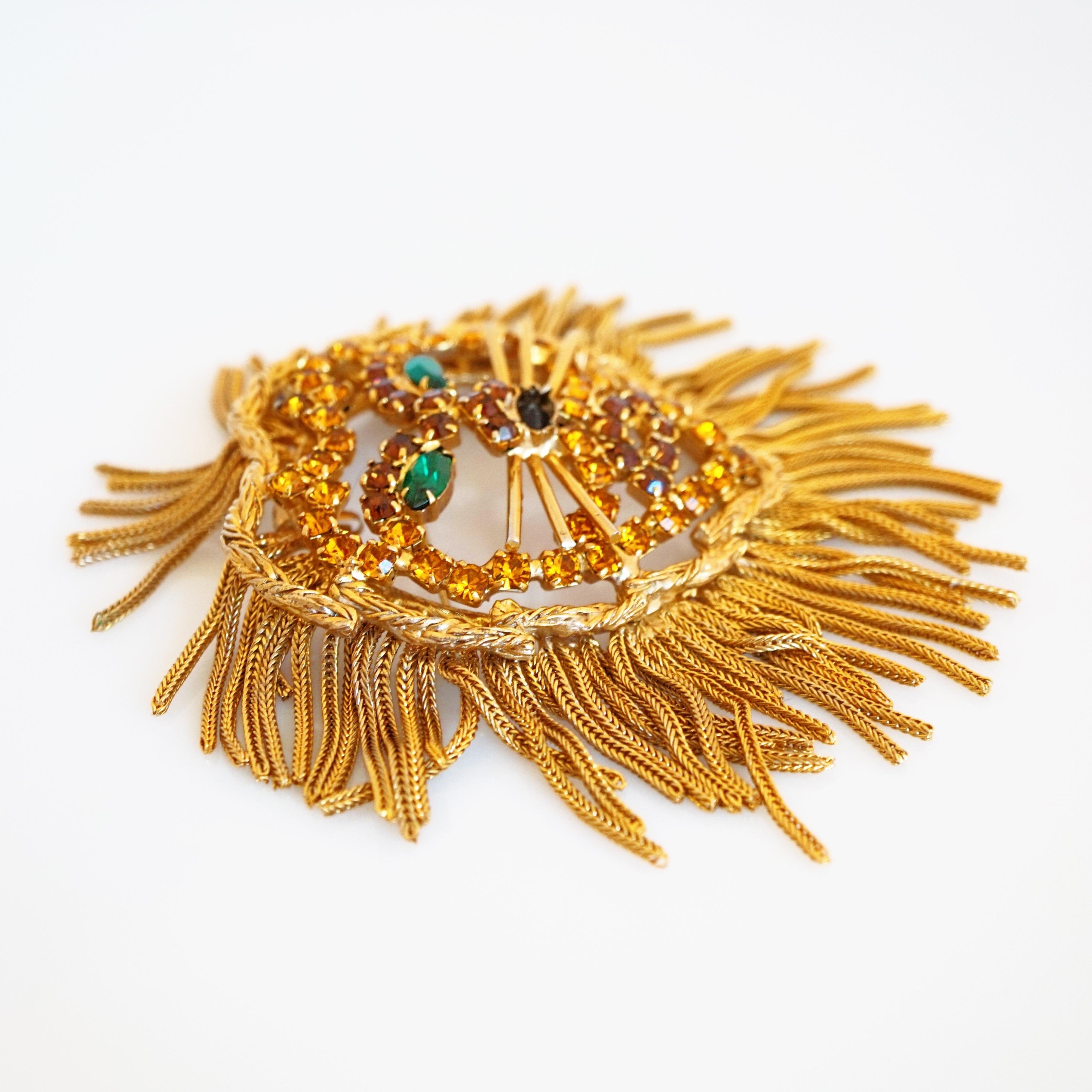 Modern Lion Brooch With Rhinestones and Gold Chain Fringe By Dominique, 1960s For Sale