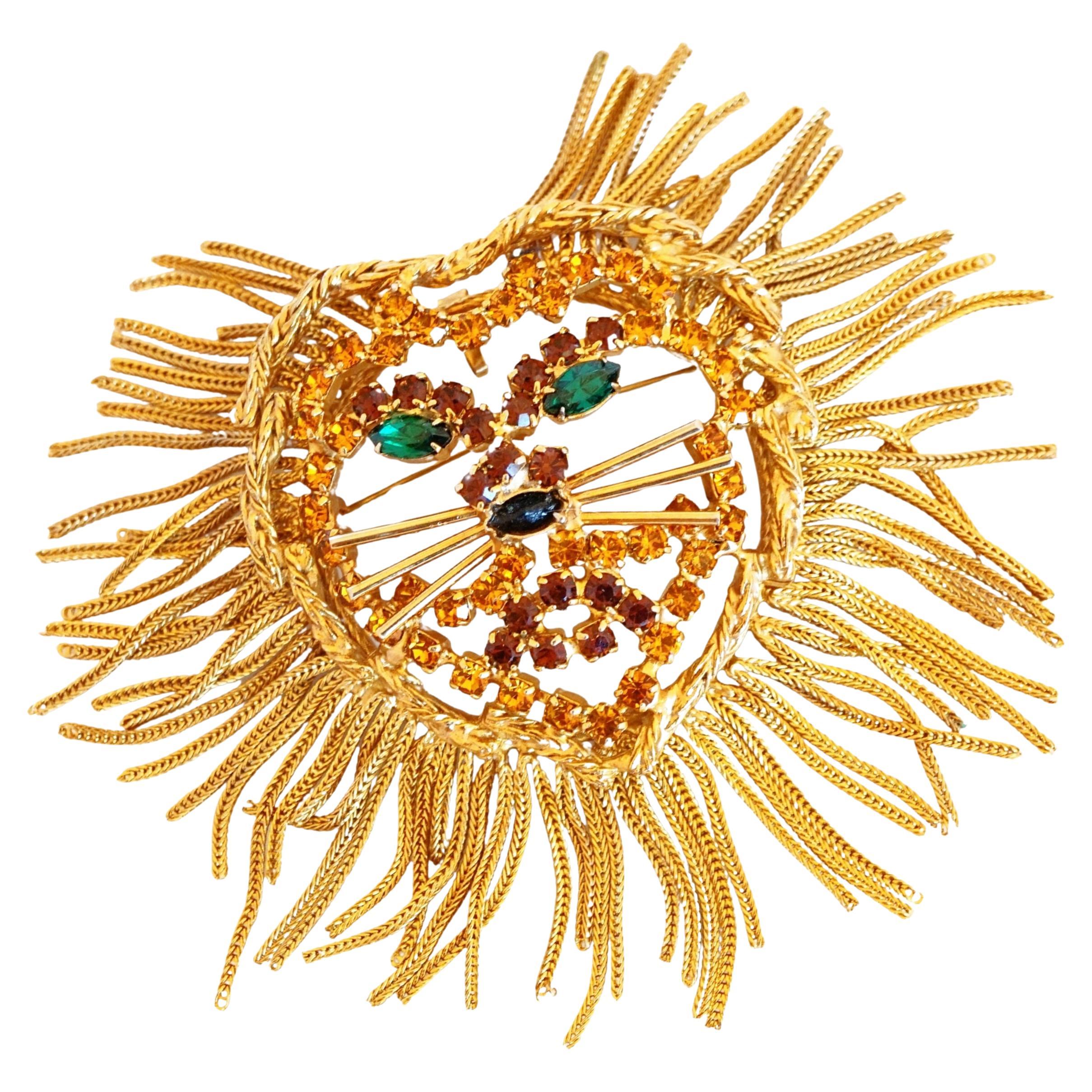 Lion Brooch With Rhinestones and Gold Chain Fringe By Dominique, 1960s For Sale