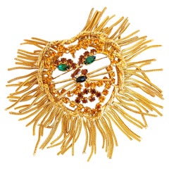 Lion Brooch With Rhinestones and Gold Chain Fringe By Dominique, 1960s