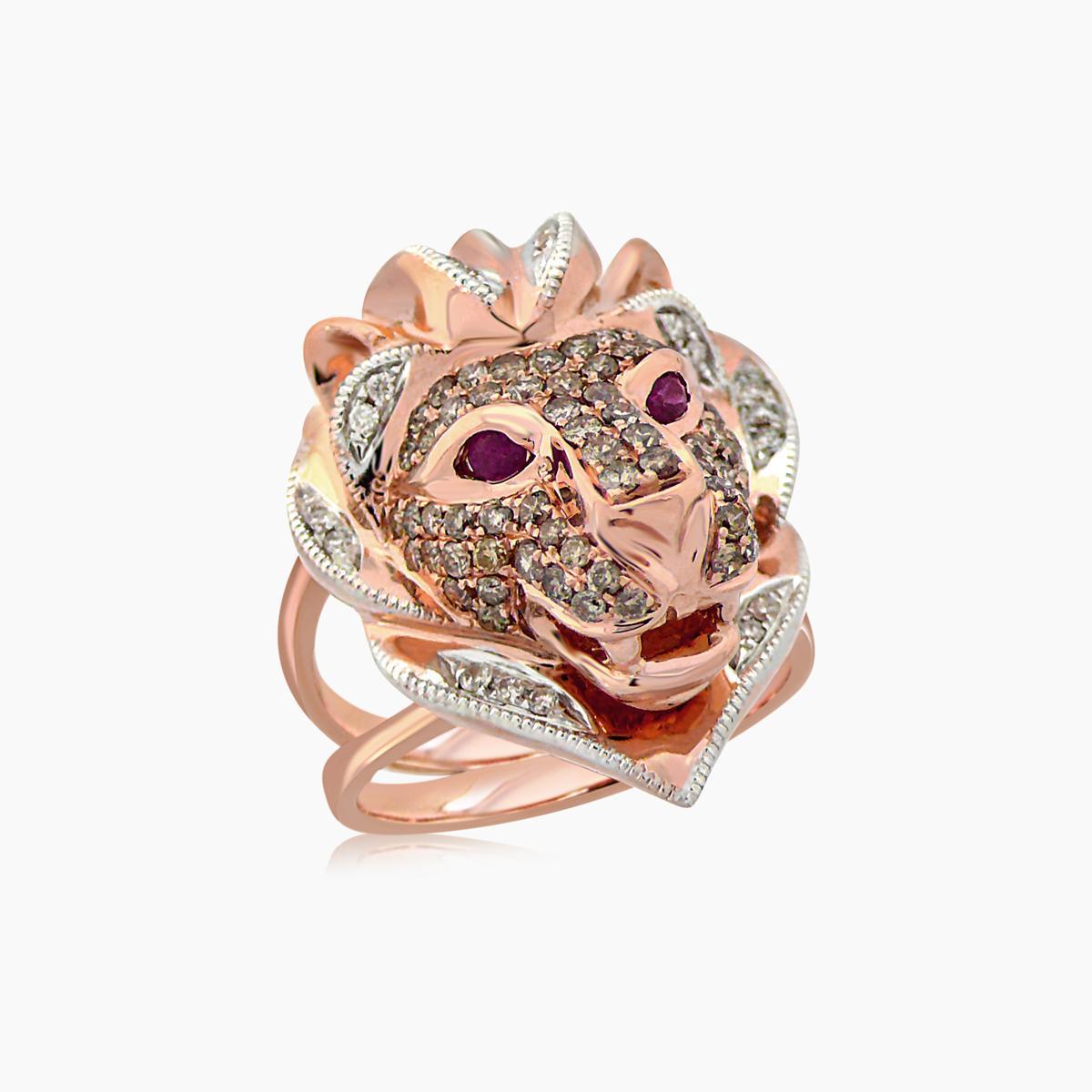 Taille mixte Bague en or rose 18 carats lion brun et diamant blanc rubis en vente