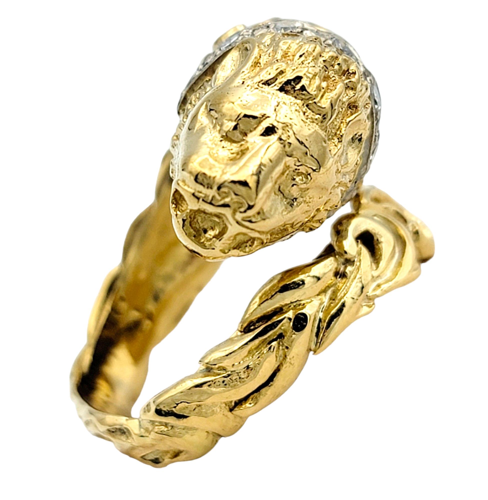 Contemporary Lion Bypass Style Ring with Diamond Collar Set in 14 Karat Yellow and White Gold For Sale