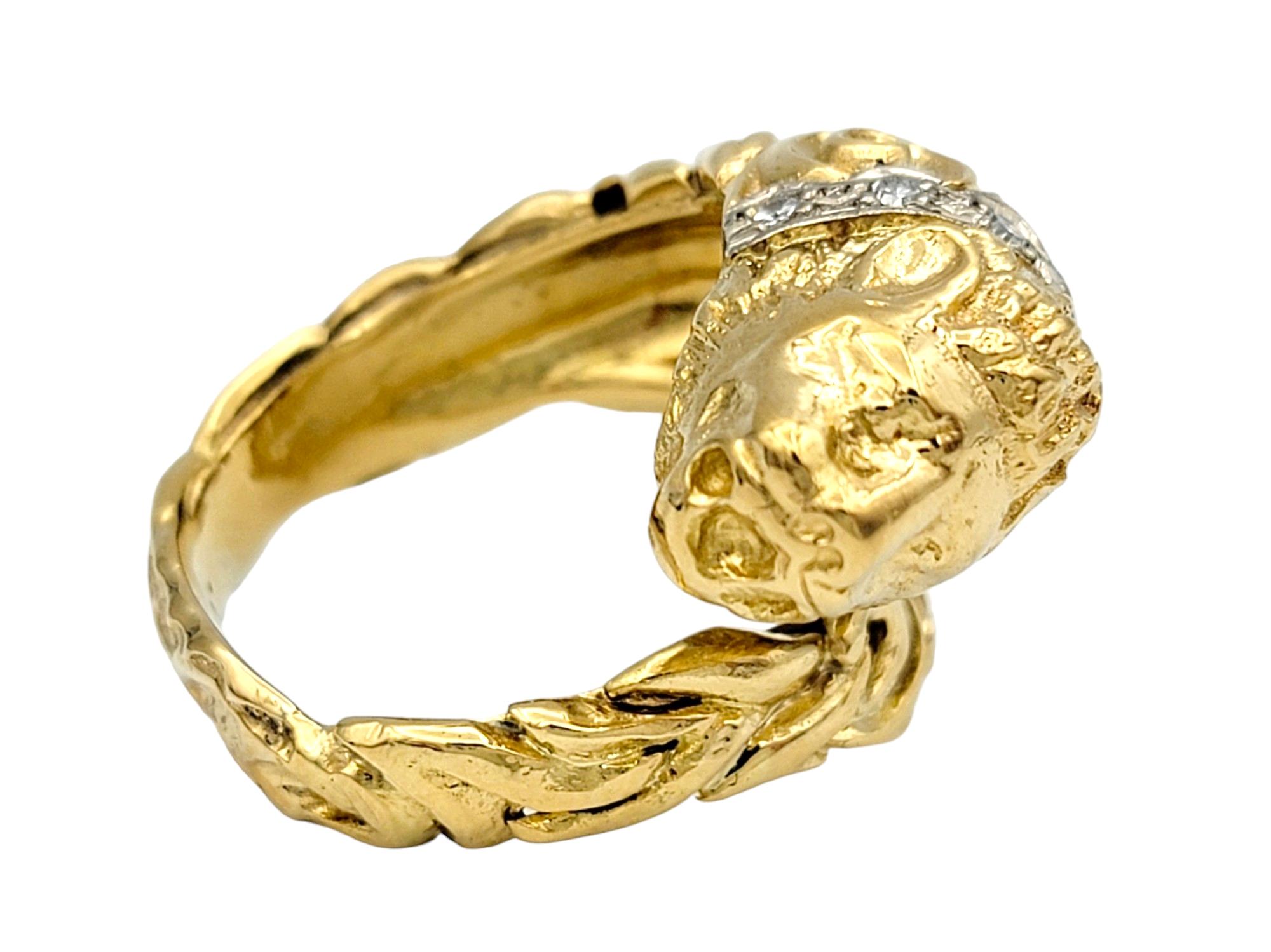 Round Cut Lion Bypass Style Ring with Diamond Collar Set in 14 Karat Yellow and White Gold For Sale