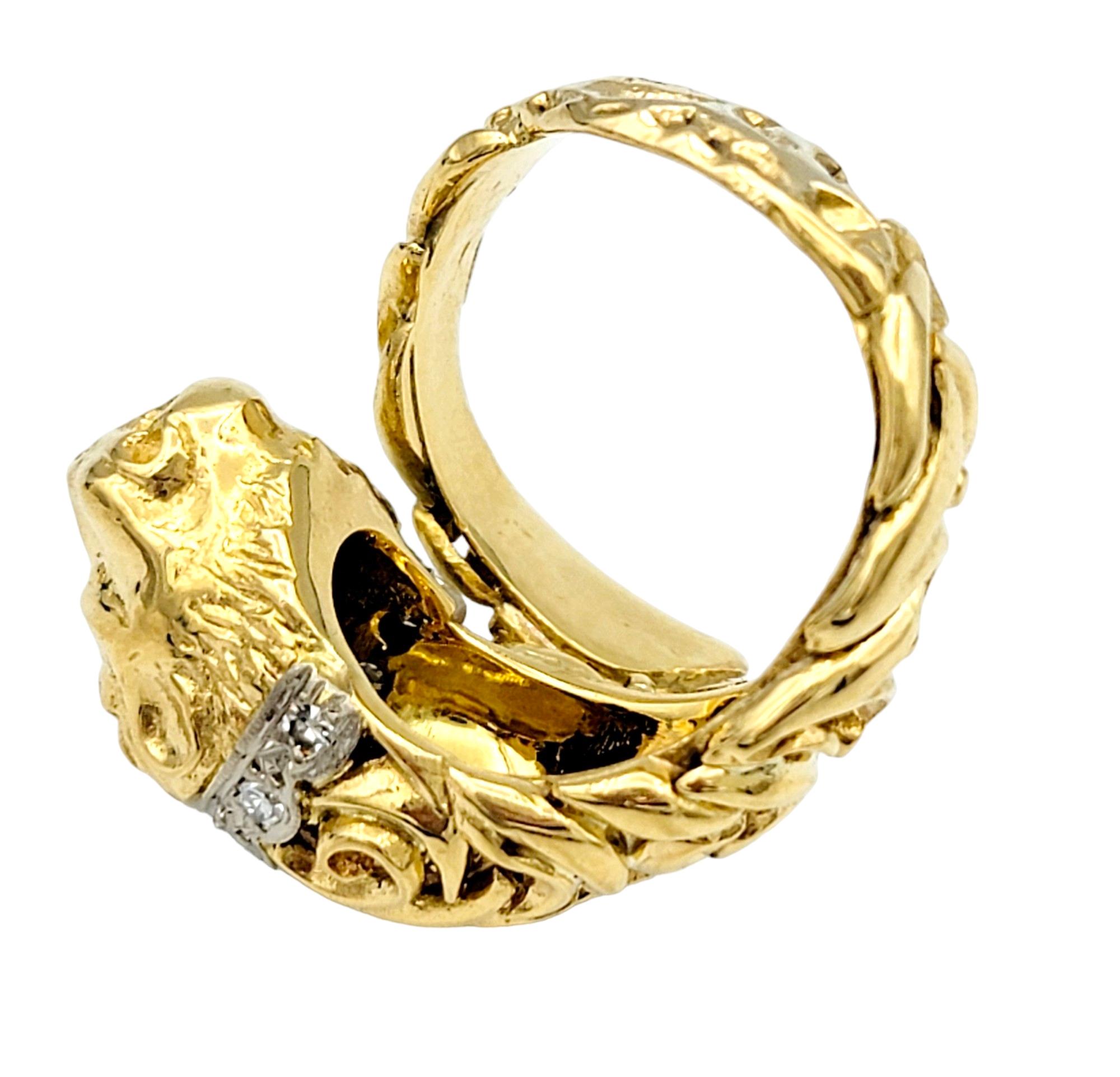 Women's or Men's Lion Bypass Style Ring with Diamond Collar Set in 14 Karat Yellow and White Gold For Sale