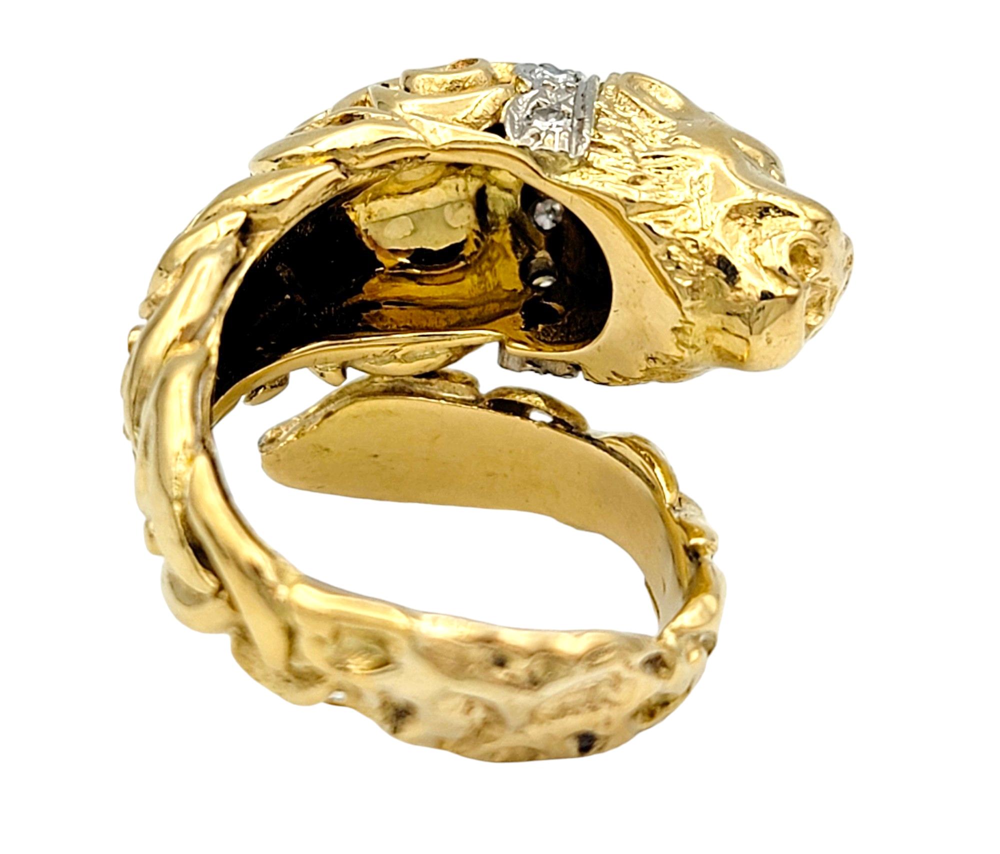 Lion Bypass Style Ring with Diamond Collar Set in 14 Karat Yellow and White Gold For Sale 1