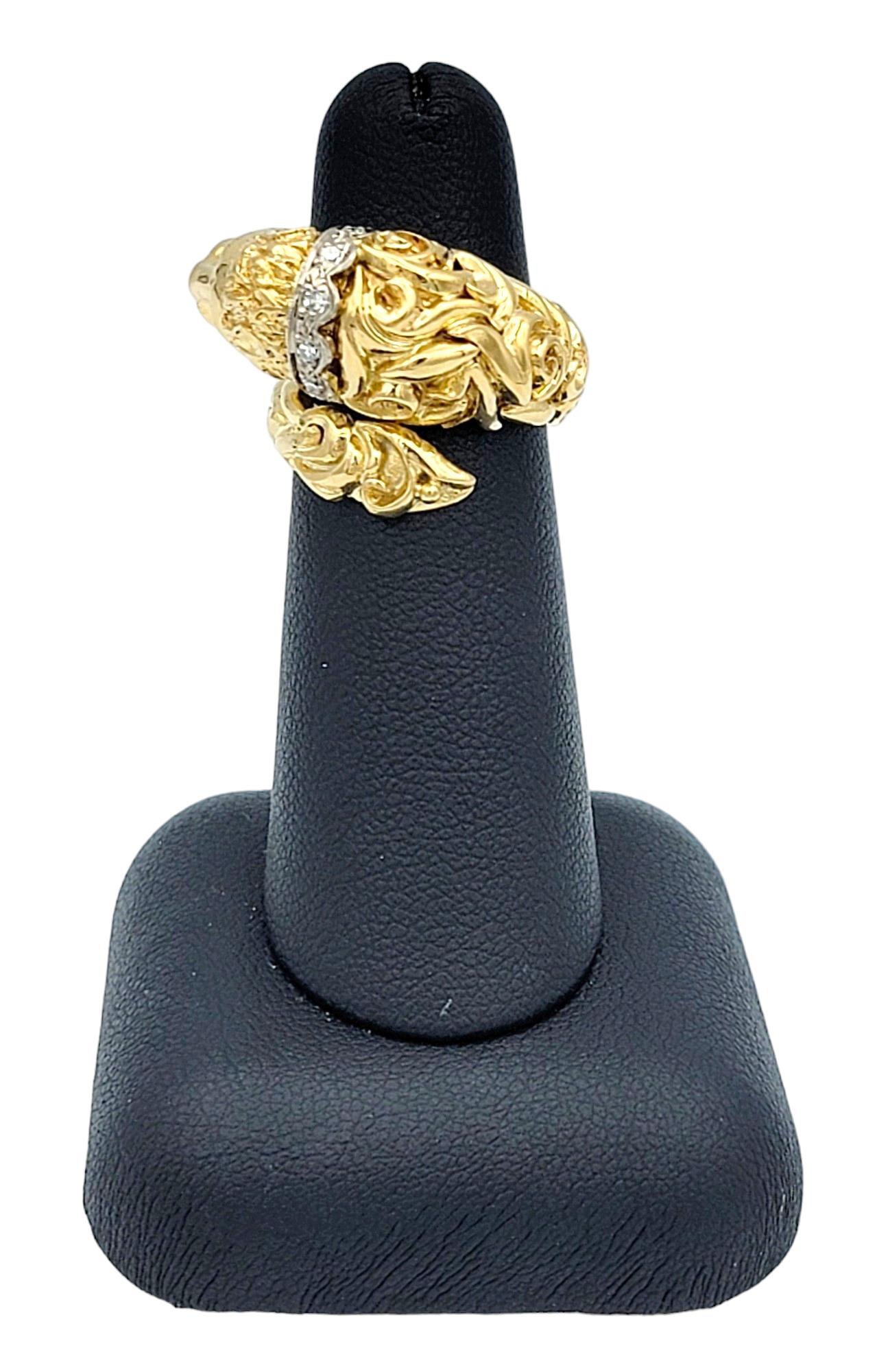 Lion Bypass Style Ring with Diamond Collar Set in 14 Karat Yellow and White Gold For Sale 2