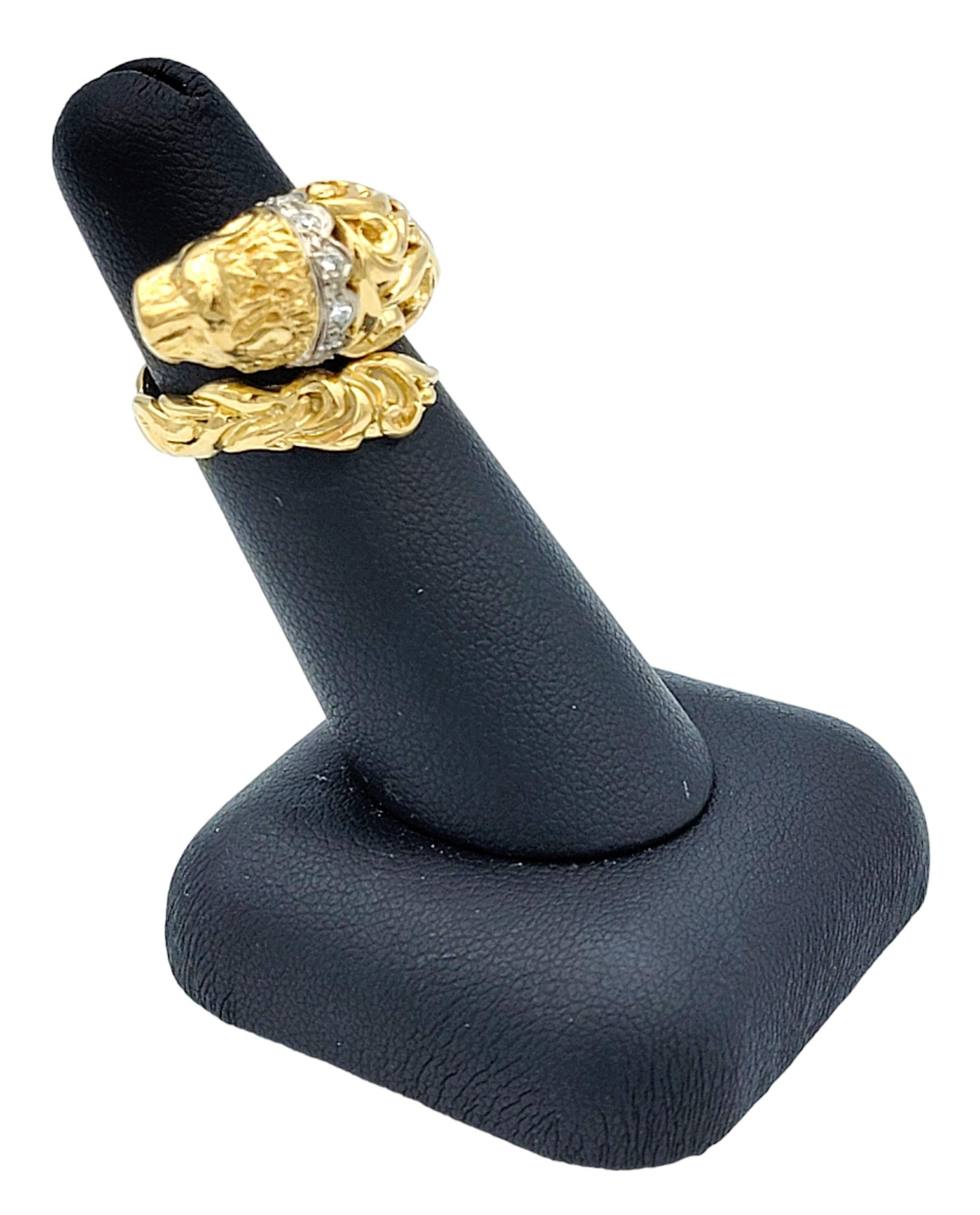 Lion Bypass Style Ring with Diamond Collar Set in 14 Karat Yellow and White Gold For Sale 3
