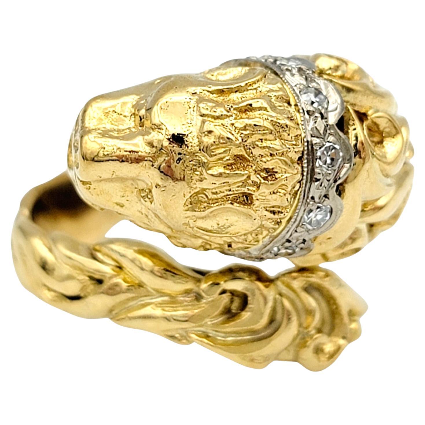 Lion Bypass Style Ring with Diamond Collar Set in 14 Karat Yellow and White Gold For Sale