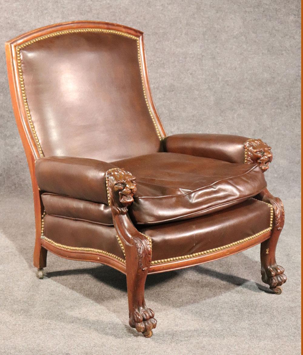 Lion Carved Genuine Leather Late Victorian Mahogany Lounge Club Chair 5