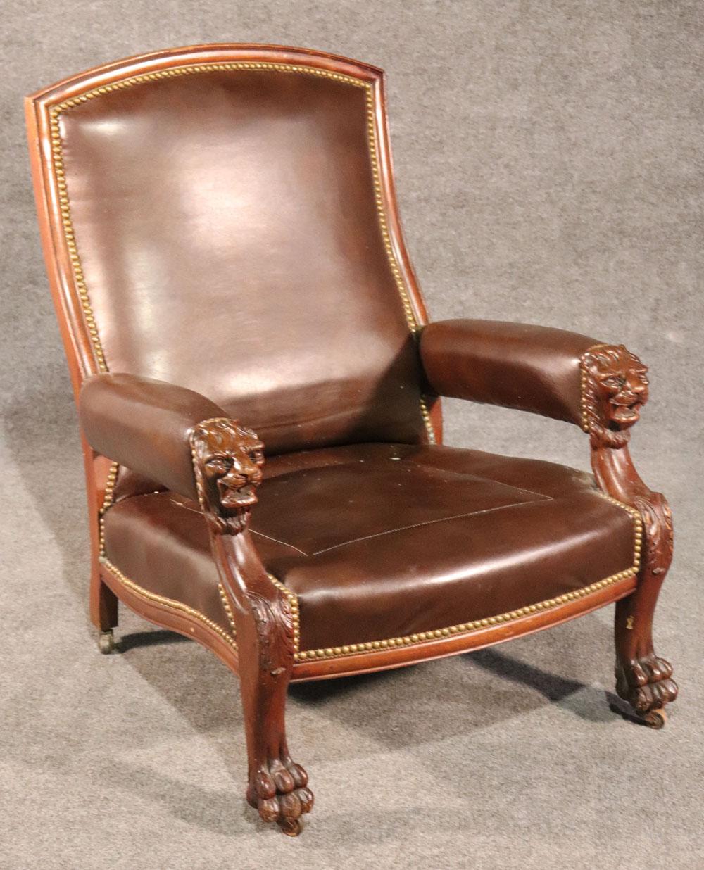 Lion Carved Genuine Leather Late Victorian Mahogany Lounge Club Chair 6