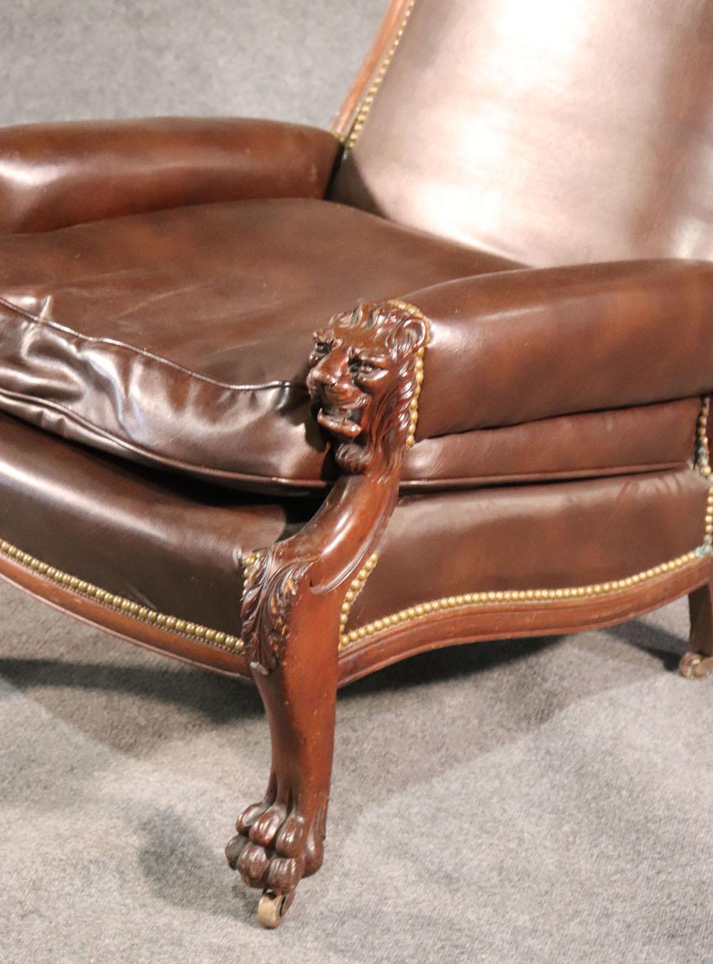 American Lion Carved Genuine Leather Late Victorian Mahogany Lounge Club Chair