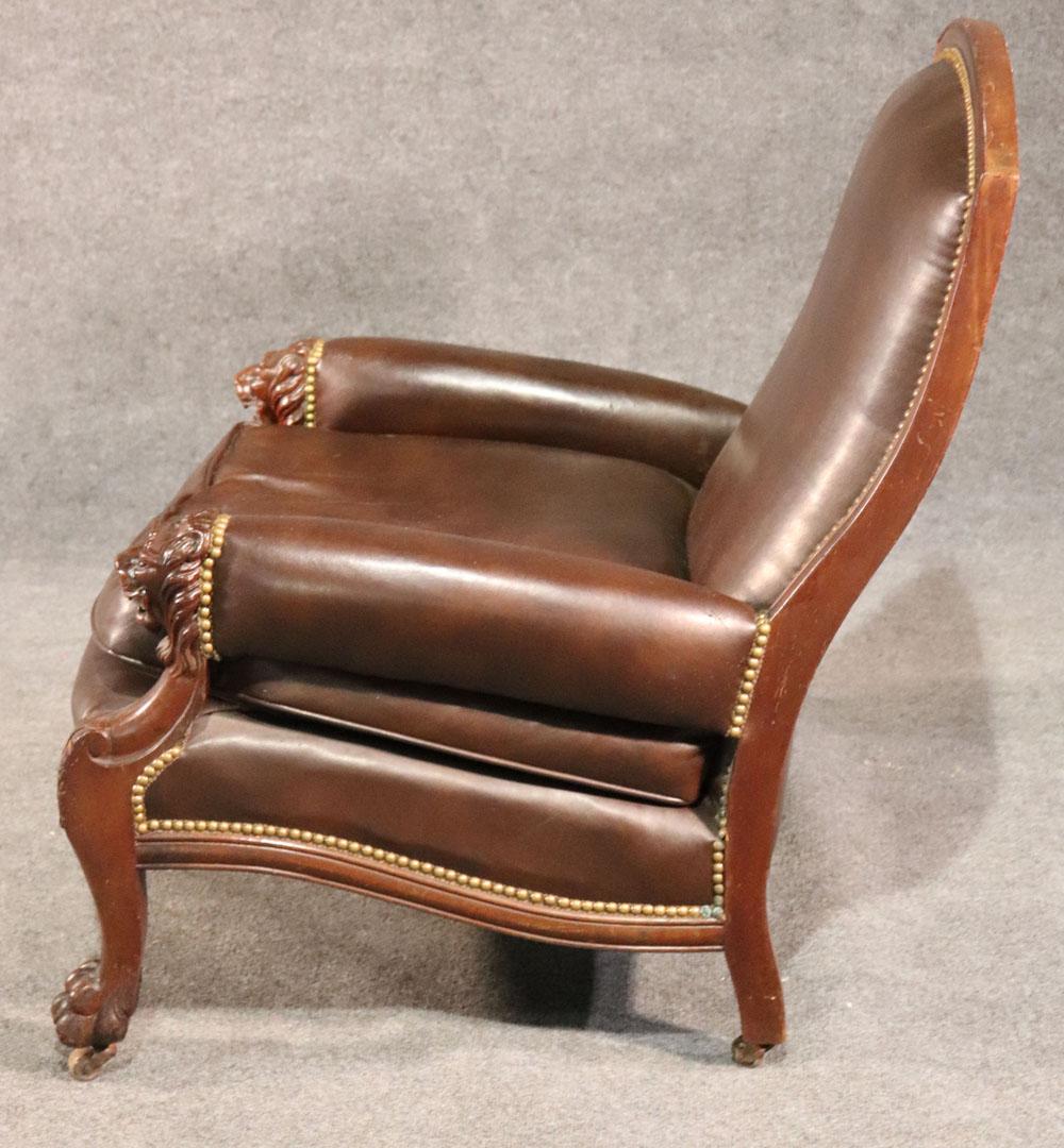 Late 19th Century Lion Carved Genuine Leather Late Victorian Mahogany Lounge Club Chair