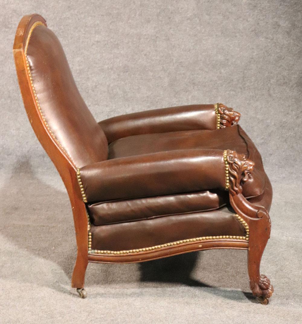 Lion Carved Genuine Leather Late Victorian Mahogany Lounge Club Chair 2