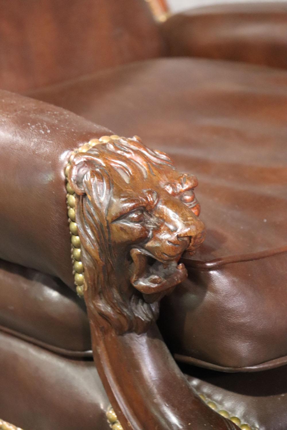 Lion Carved Genuine Leather Late Victorian Mahogany Lounge Club Chair 3