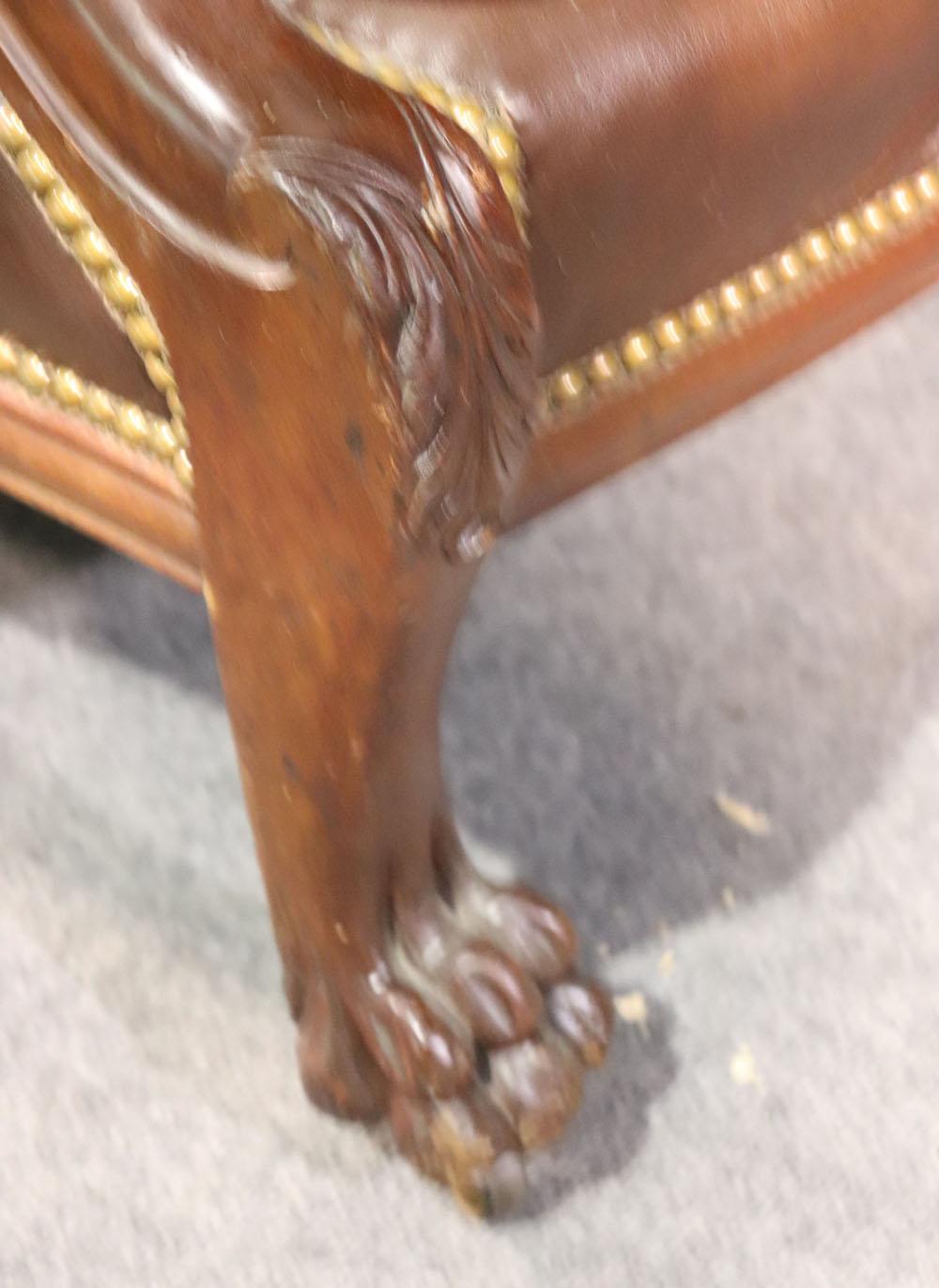 Lion Carved Genuine Leather Late Victorian Mahogany Lounge Club Chair 4