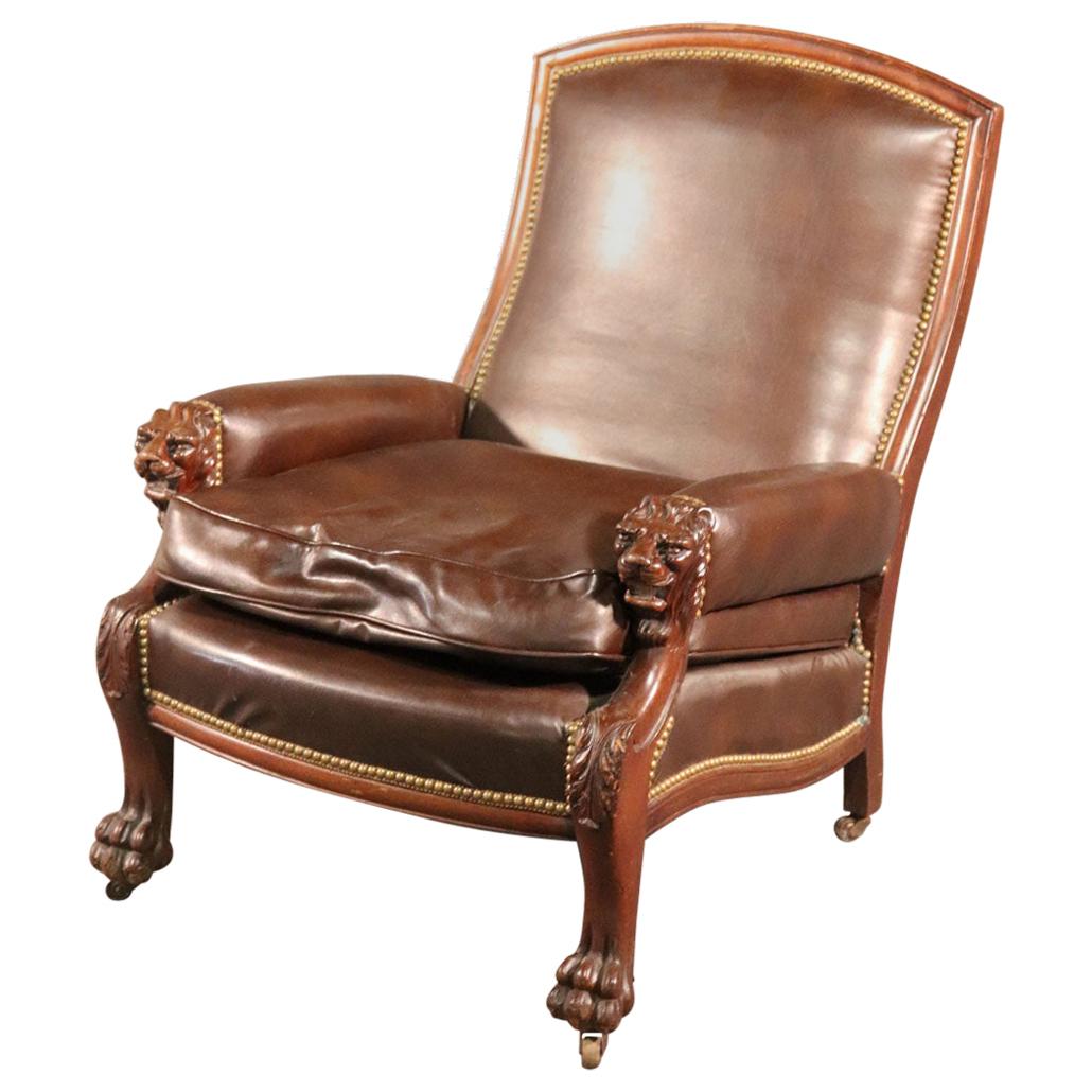 Lion Carved Genuine Leather Late Victorian Mahogany Lounge Club Chair