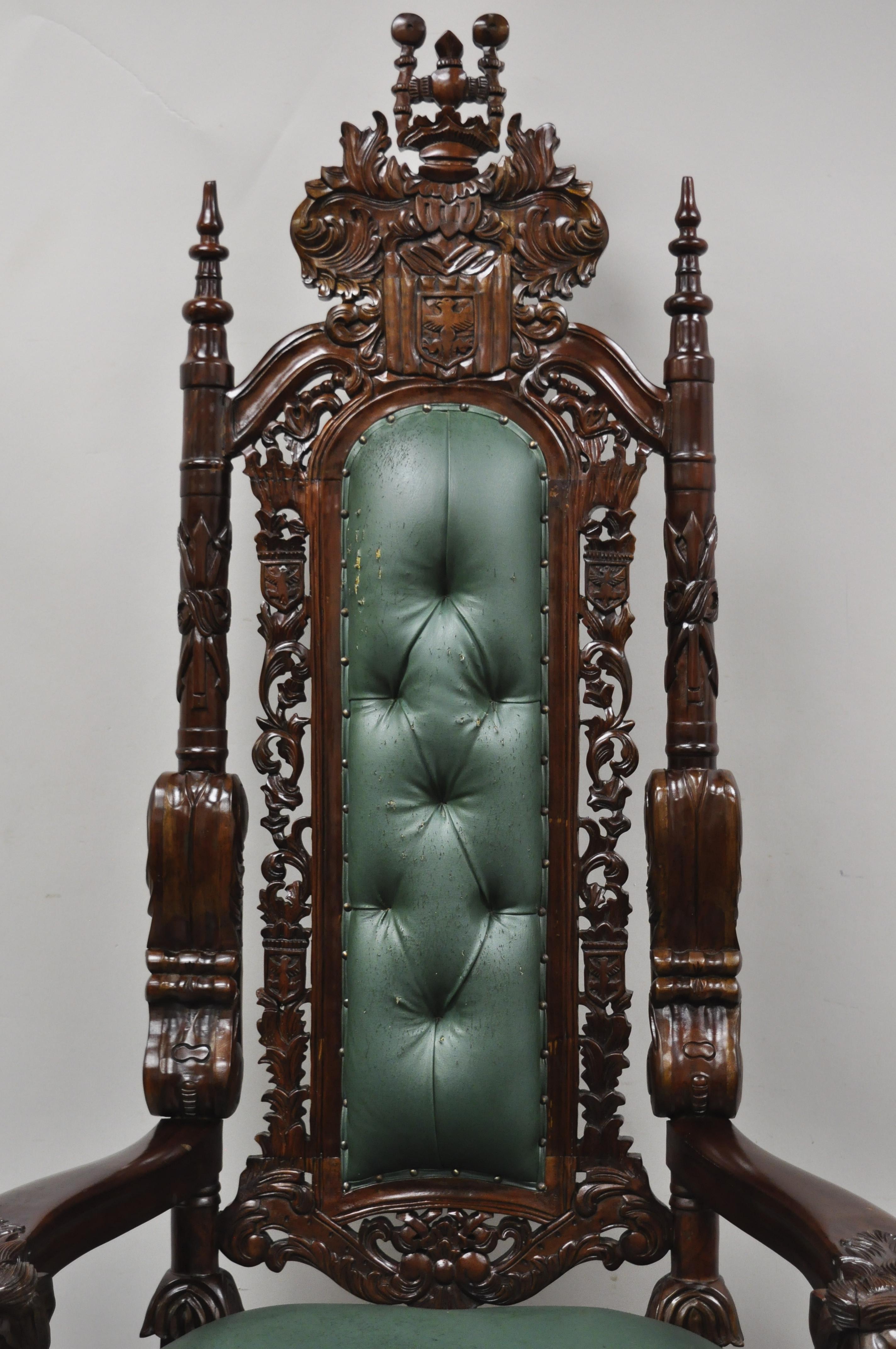 Lion carved large tall king queen throne chair event party space decor. Item features large monumental size, solid wood construction, nicely carved details, great style and form, circa late 20th-early 21st century. Measurements: 71.5