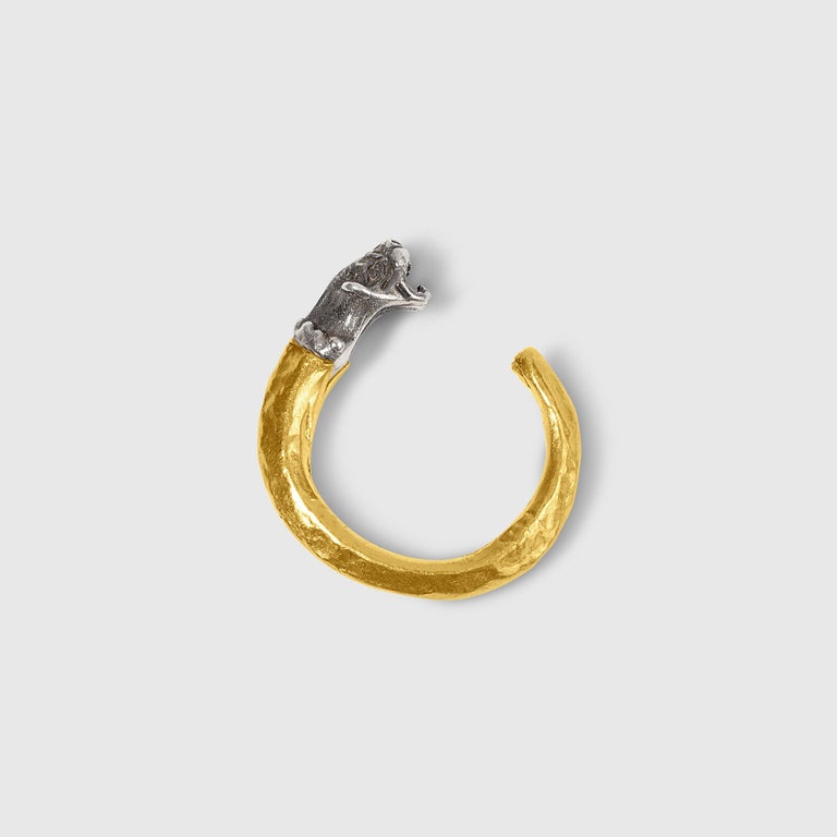 Artisan Lion Carved Ring, 24K & Silver with Diamond For Sale
