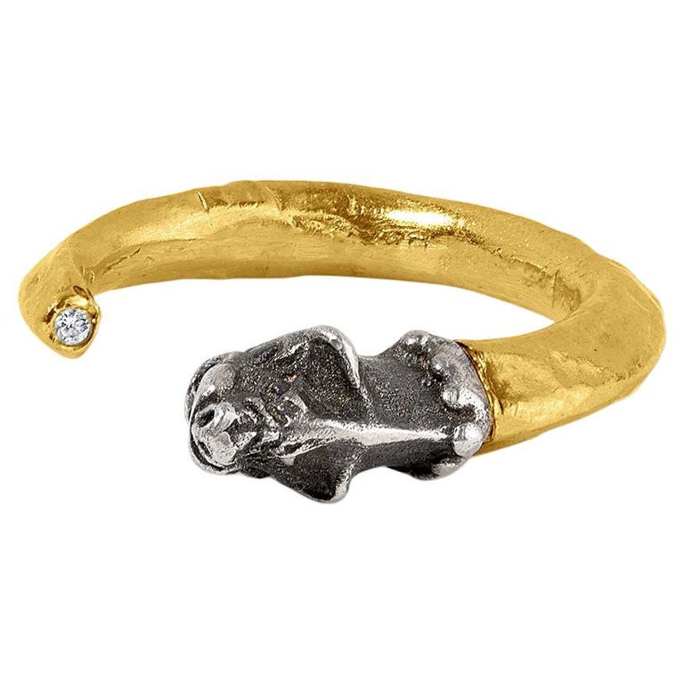 Lion Carved Ring, 24K & Silver with Diamond For Sale