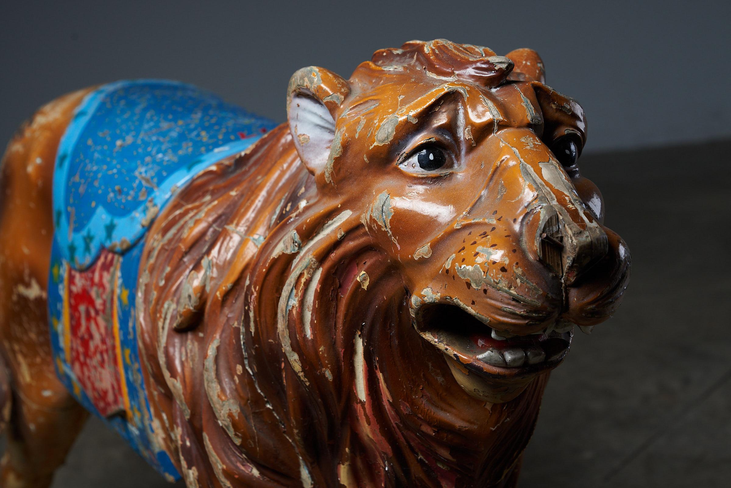 Hand-Carved Lion Carved Wooden Carousel Figure: Antique For Sale