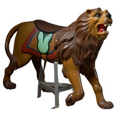Lion Carved Wooden Carousel Figure: Antique