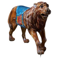 Lion Carved Wooden Carousel Figure: Antique